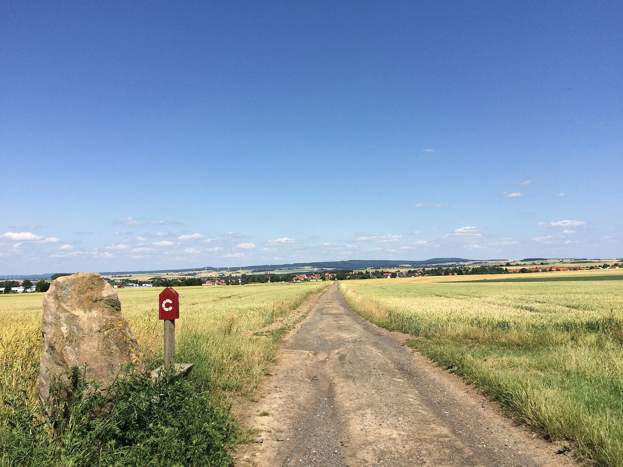 Photo showing: Der Eco Pfad Archäologie Calden an einem der sogenannten Hinkelsteine mit Blick über Calden