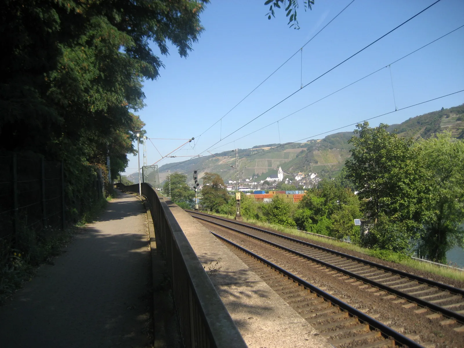 Photo showing: Cycle path and railroad along the Rhine, north of Andernach, looking at Leutesdorf, Germany