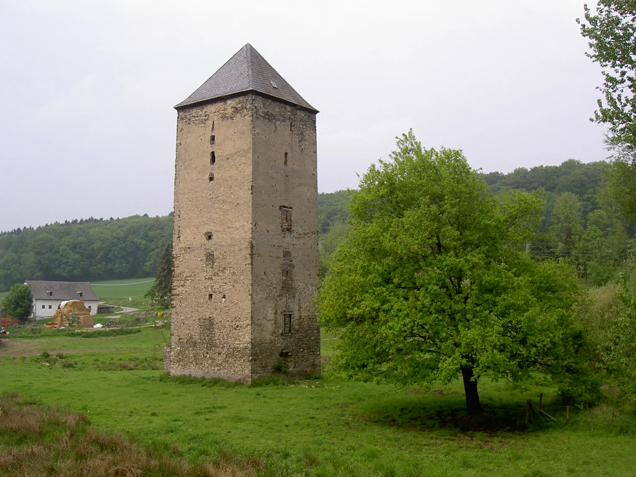 Photo showing: Denkmalliste Rheinland-Pfalz, Koblenz, Koblenz-Arenberg, Gemarkung, östlich der Ortslage, Mühlenbacher Hof: Turm der mittelalterlichen Wasserburg, Ende 13. Jahrhundert. S. auch: https://www.flickr.com/photos/rs-foto/sets/72157617643941798/