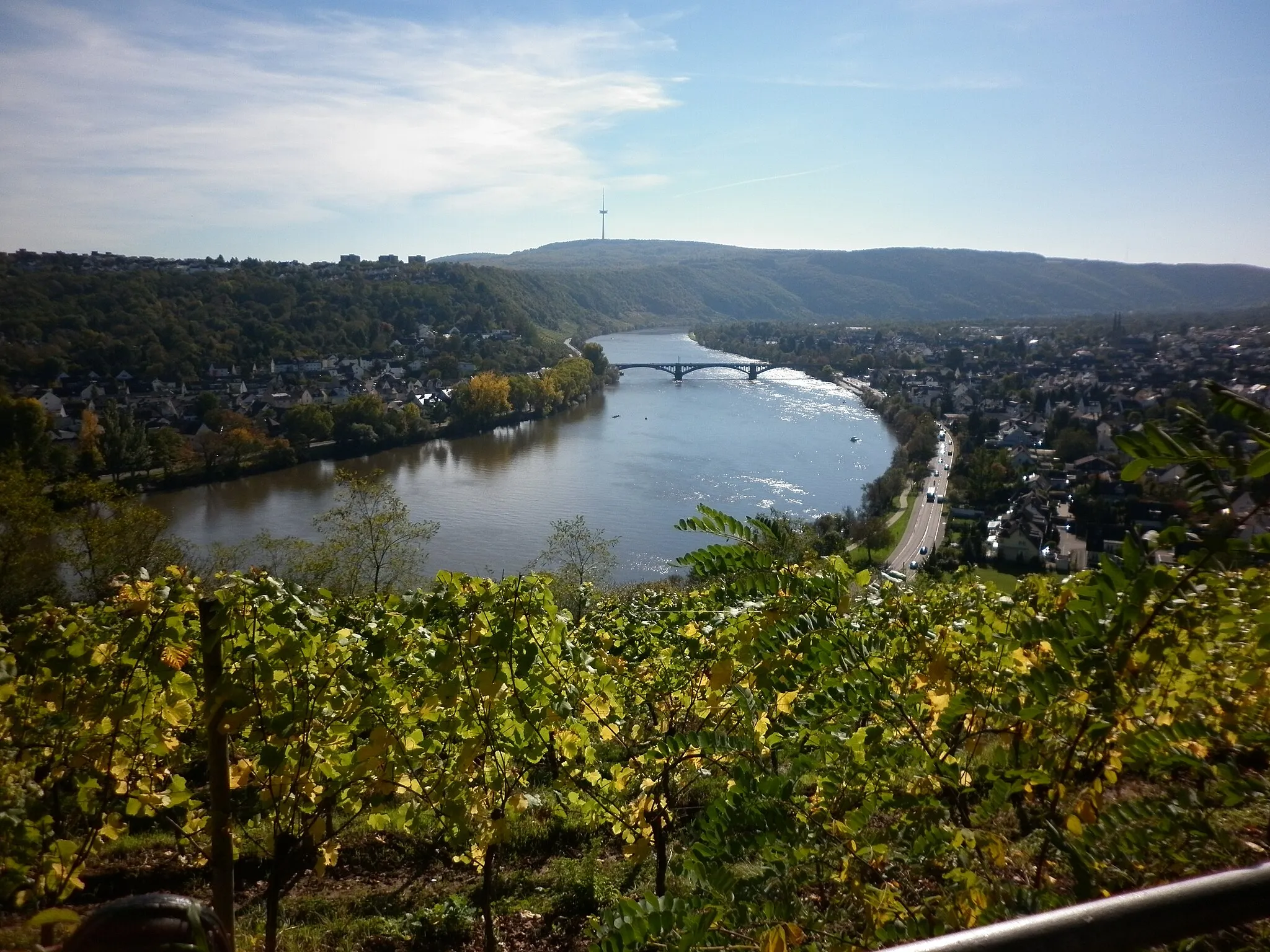 Photo showing: Blick stromauf auf die Mosel mit Gülser Eisenbahnbrücke, Moselweiß (links) und Güls (rechts).