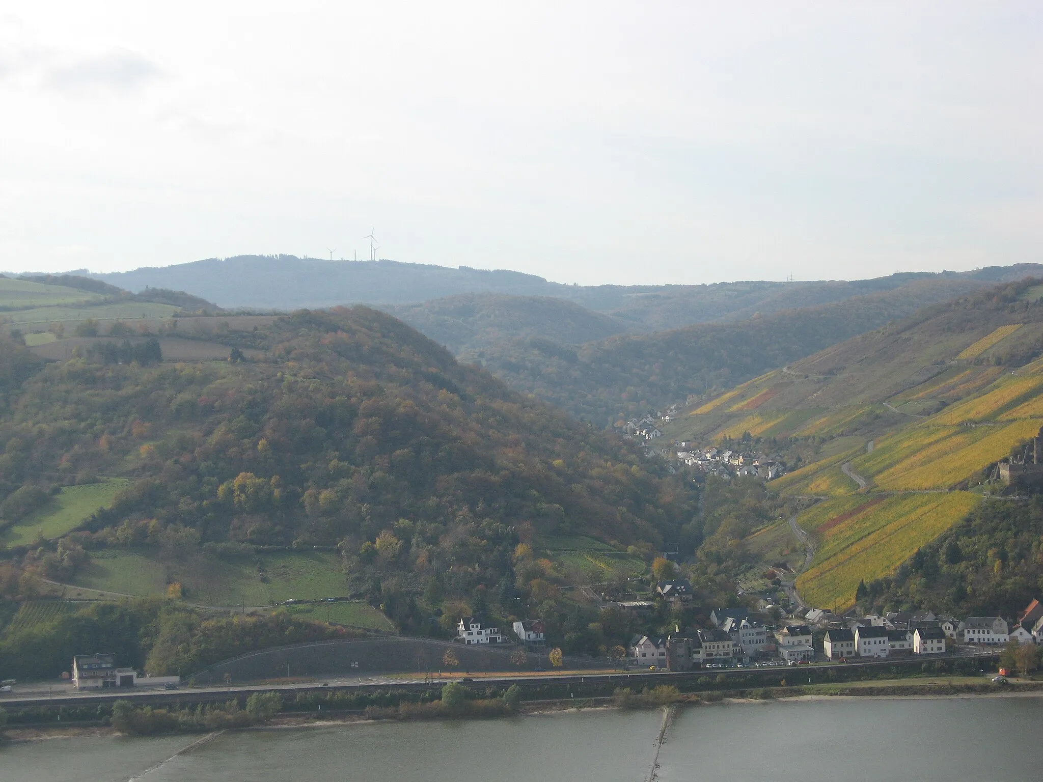 Photo showing: River Rhine, Rheindiebach and the Kandrich hill, Germany.