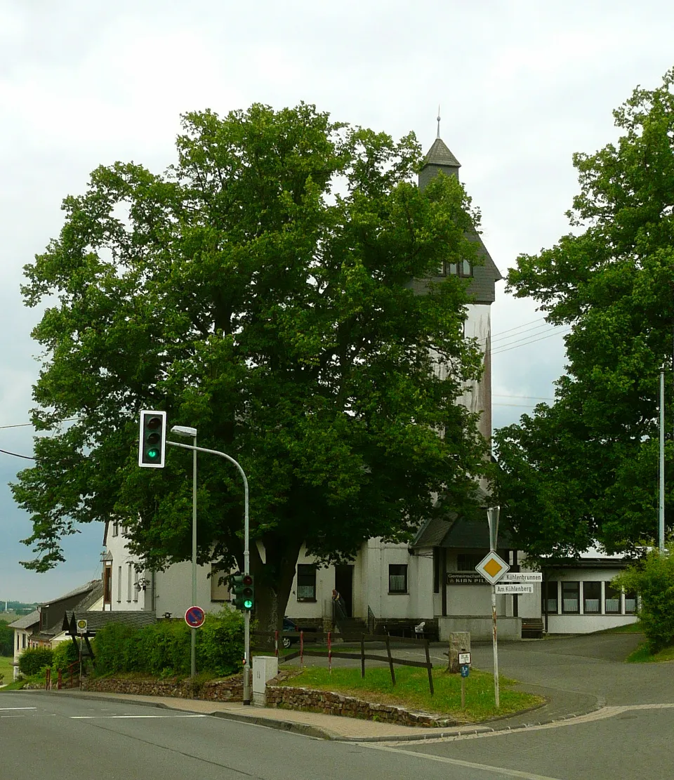 Photo showing: Oberbrombach, Dofgemeinschaftshaus; davor Naturdenkmal "Zwei Linden"
