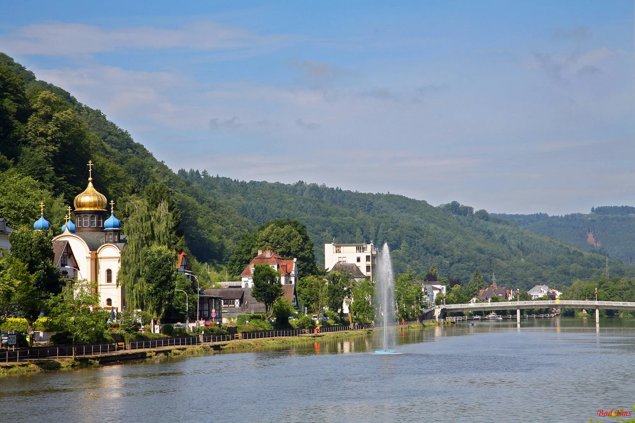 Photo showing: Bad Ems: Russische Kirche (von 1876) und Lahnbrücke.