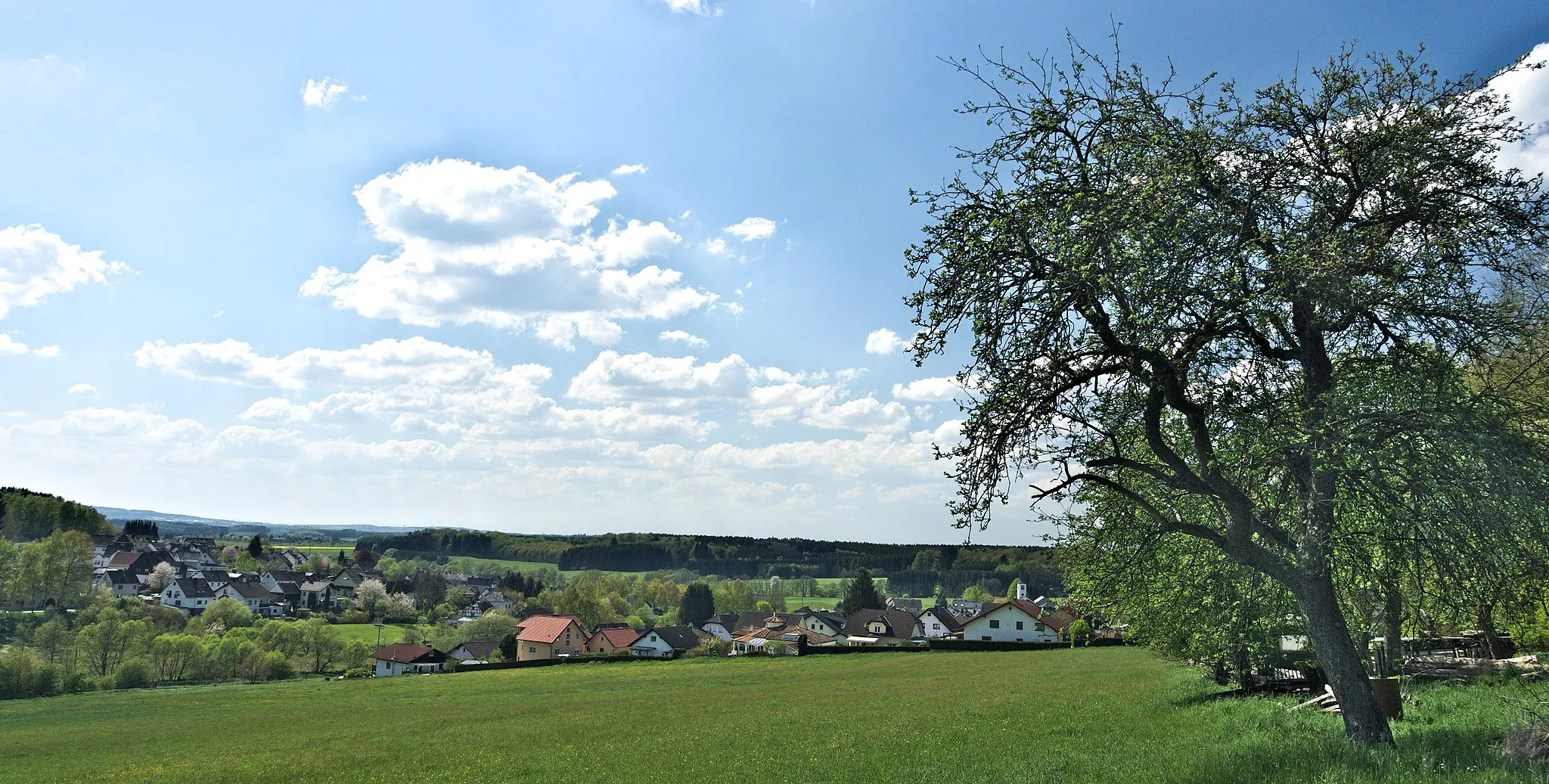 Photo showing: View from east over Freirachdorf village, Westerwald, Germany.