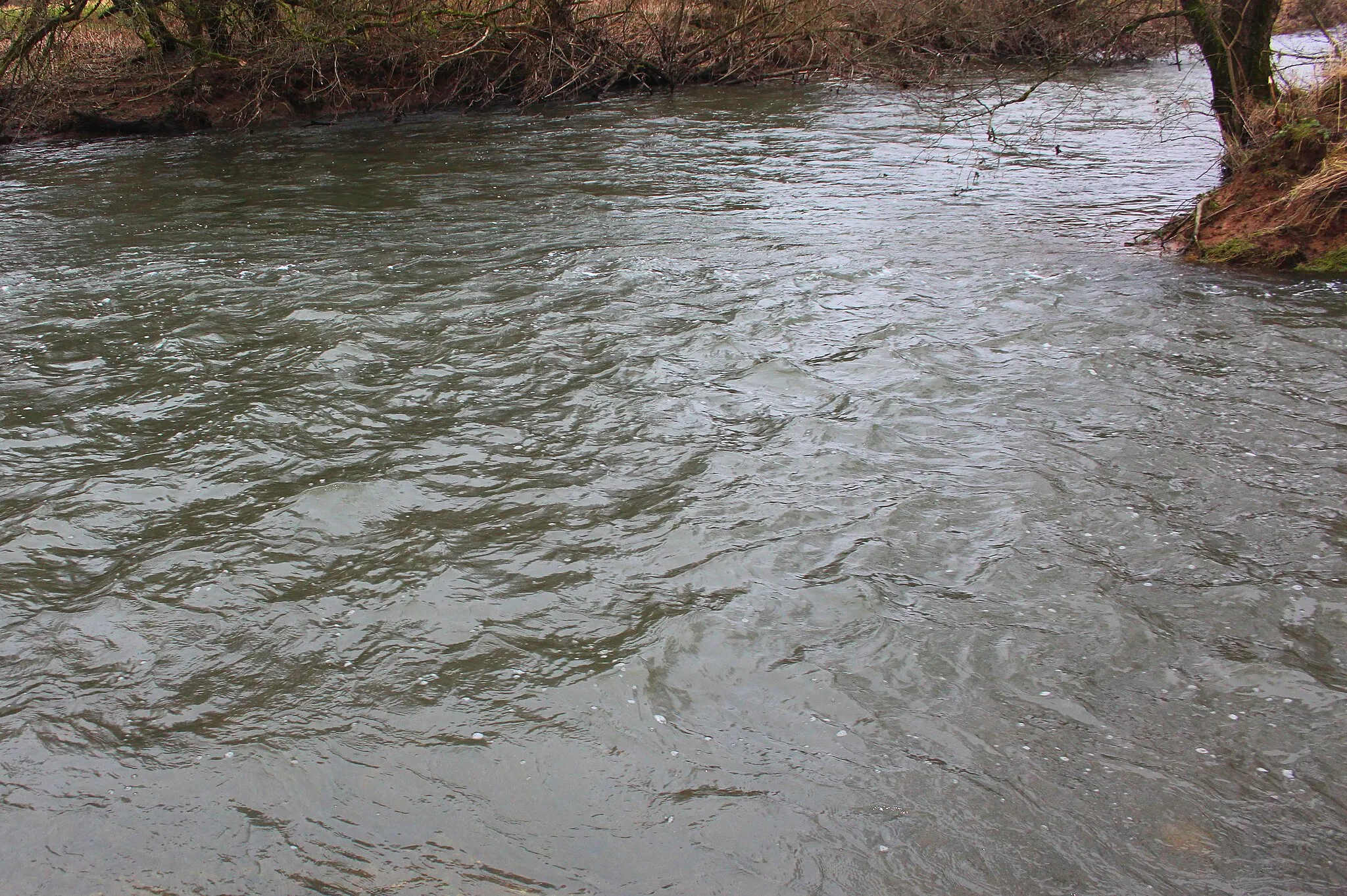 Photo showing: Zufluss des Holzbach (rechts unten) in die Wied bei Döttesfeld, Landkreis Neuwied, Rheinland-Pfalz