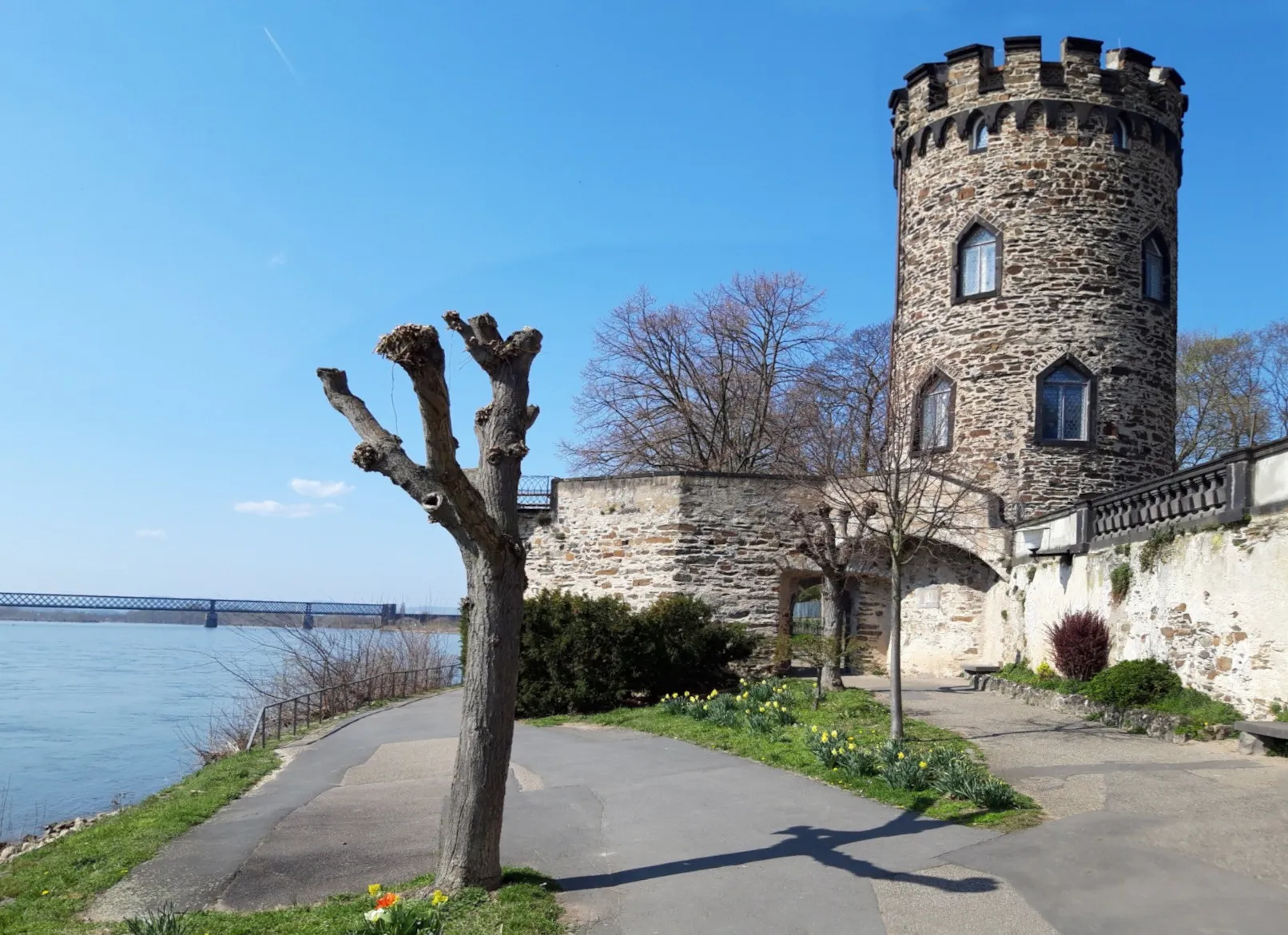 Photo showing: Von Graf Wilhelm I. zu Wied. 1357 bis 1371 als Zollturm errichtet. Erster Turm der Stadtbefestigung von Engers. Der Turm wurde früher Graven/Grafen Turm genannt, wahrscheinlich wurde durch abschreiben aus dem v ein u, so wird er heute "Grauer Turm" genannt.