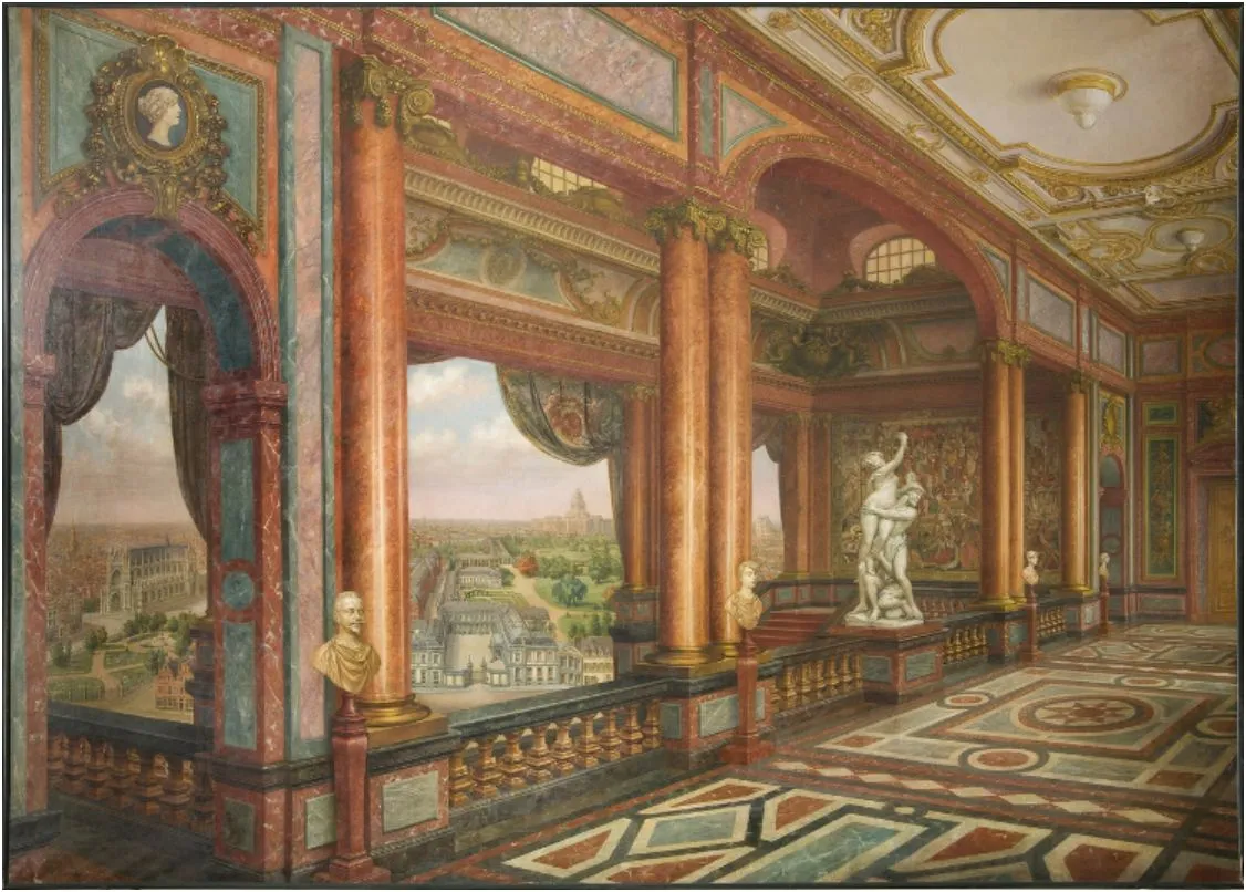 Photo showing: Cartoon of the interior of the Arenberg Palace, Brussels. Oil on canvas, 300 x 420 cm. Painted by Georges Brasseur after a drawing by duke Engelbert-Marie of Arenberg (1915).
It shows the gallery above the marble staircase constructed in 1906, with P. Plumier's statue of The Abduction of Persephone by Hades. Through the windows, the Palace of Justice, the Sablon church, the Townhall and Arenberg Palace (though the perspective is off).