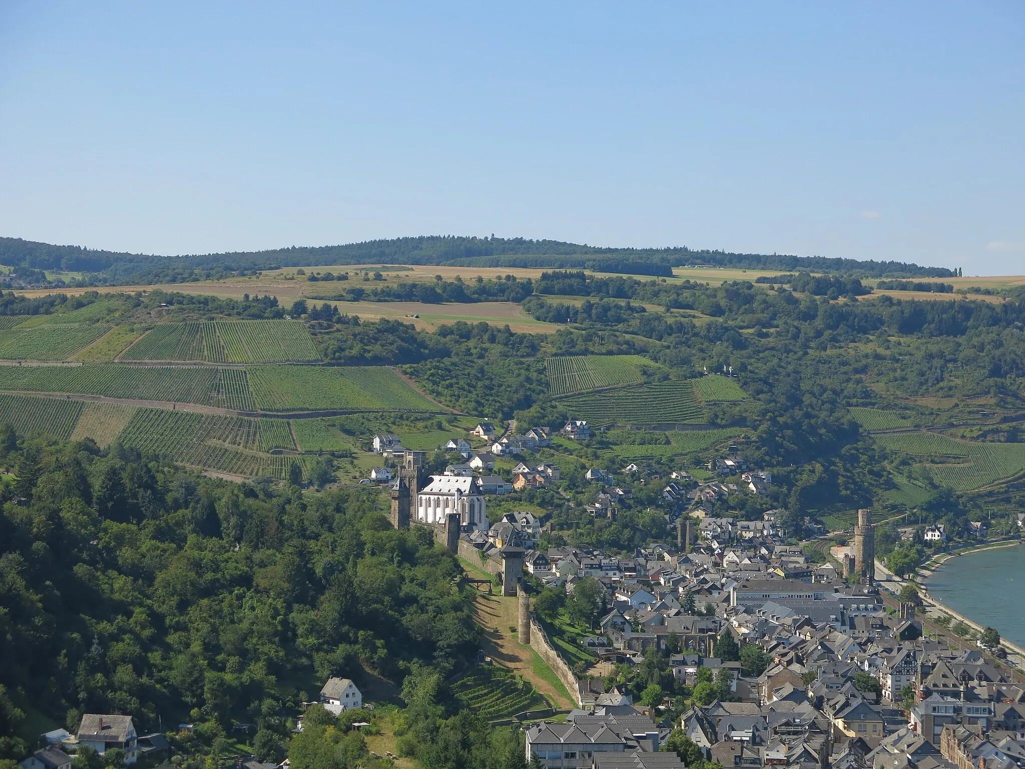 Photo showing: View from Schönburg over Oberwesel to the Spitzenstein