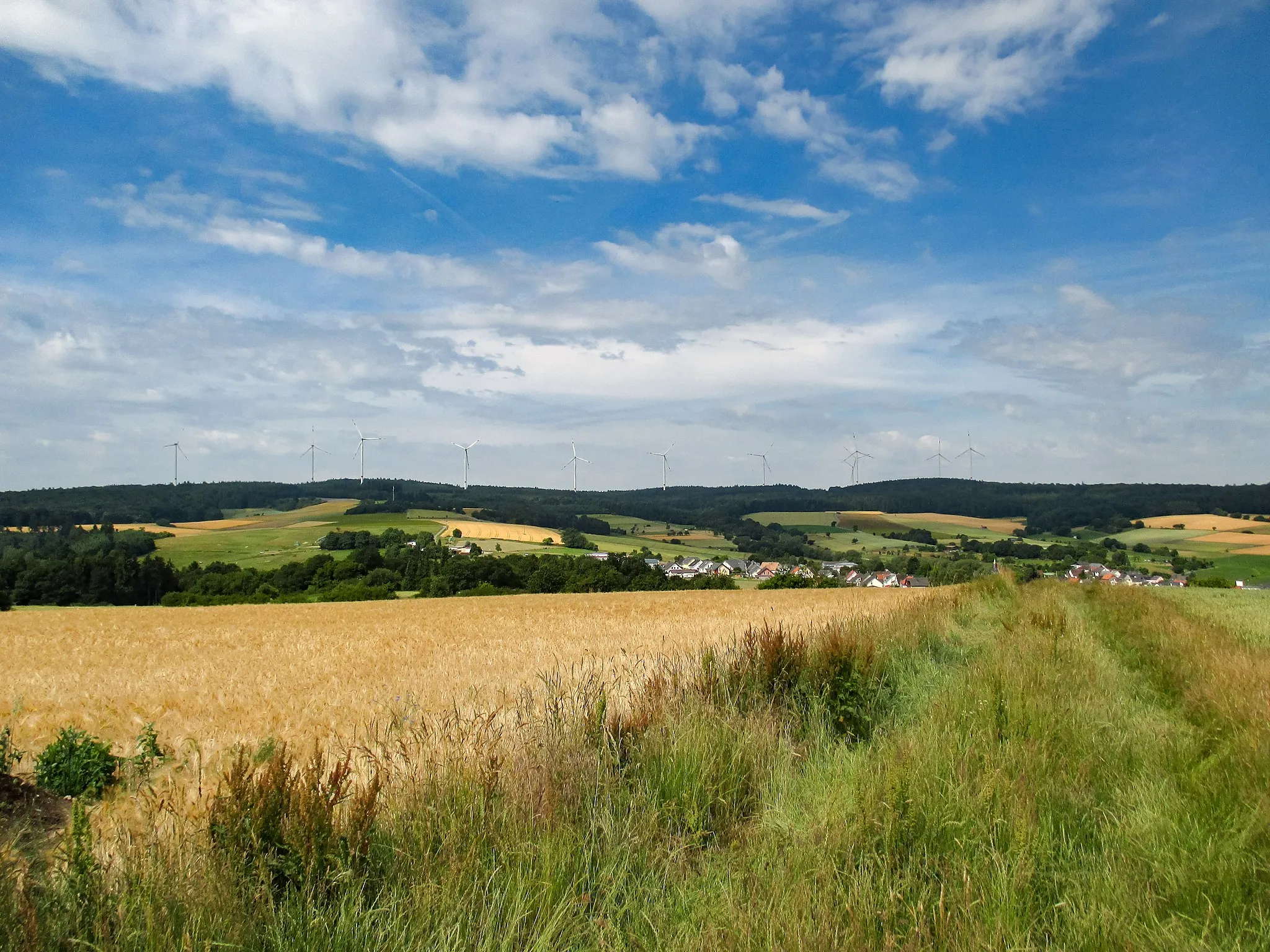 Photo showing: Kemeler Rücken bei Laufenselden mit Grauen Kopf und Gesteinteheck mit dem Windpark Heidenrod