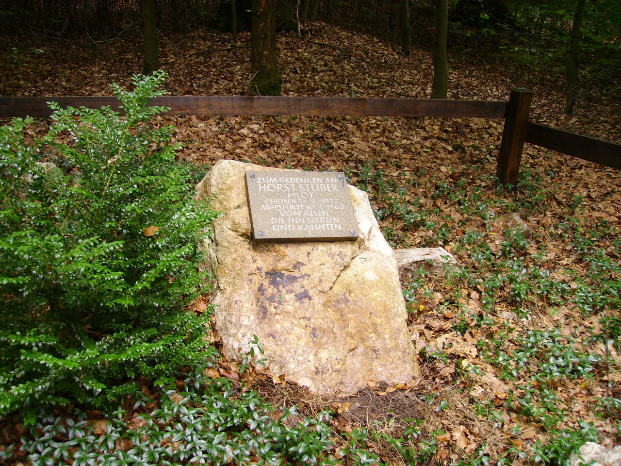 Photo showing: Gedenkstein an der Absturzstelle von Horst Stüber, der am 10. März 1966 in Nähe von Neuhütten (Hochwald) 28-jährig abstürzte