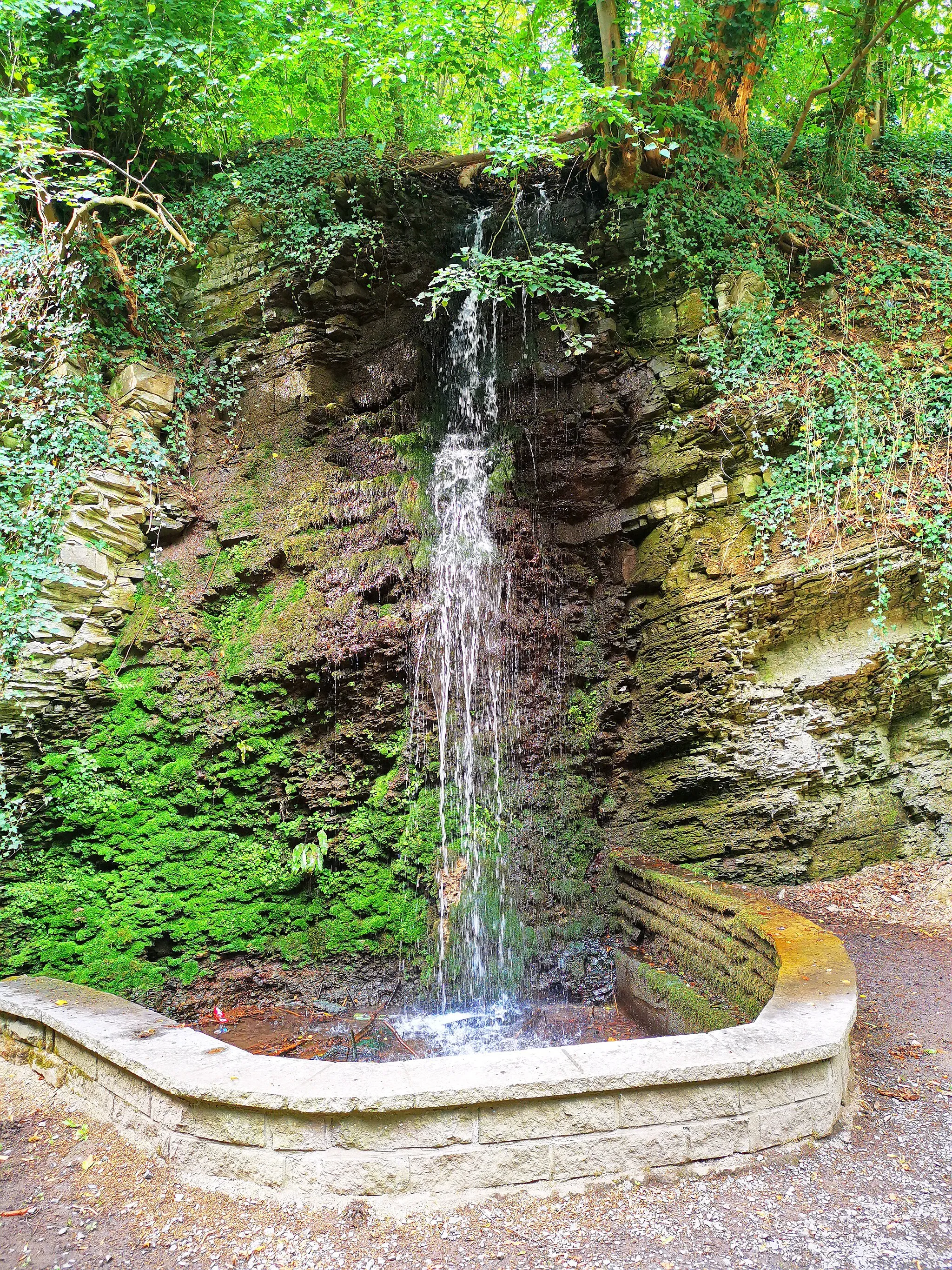 Photo showing: Der künstliche Wasserfall im Hähnerbachtal bei Unkel ist 7 Meter hoch. Gespeist wird er aus einem Staubecken, das ursprünglich zur Urbachsmühle aus dem 15. Jahrhundert gehörte.
Der Wasserfall ist die 14. Station des Geschichtsweg Bruchhausen.