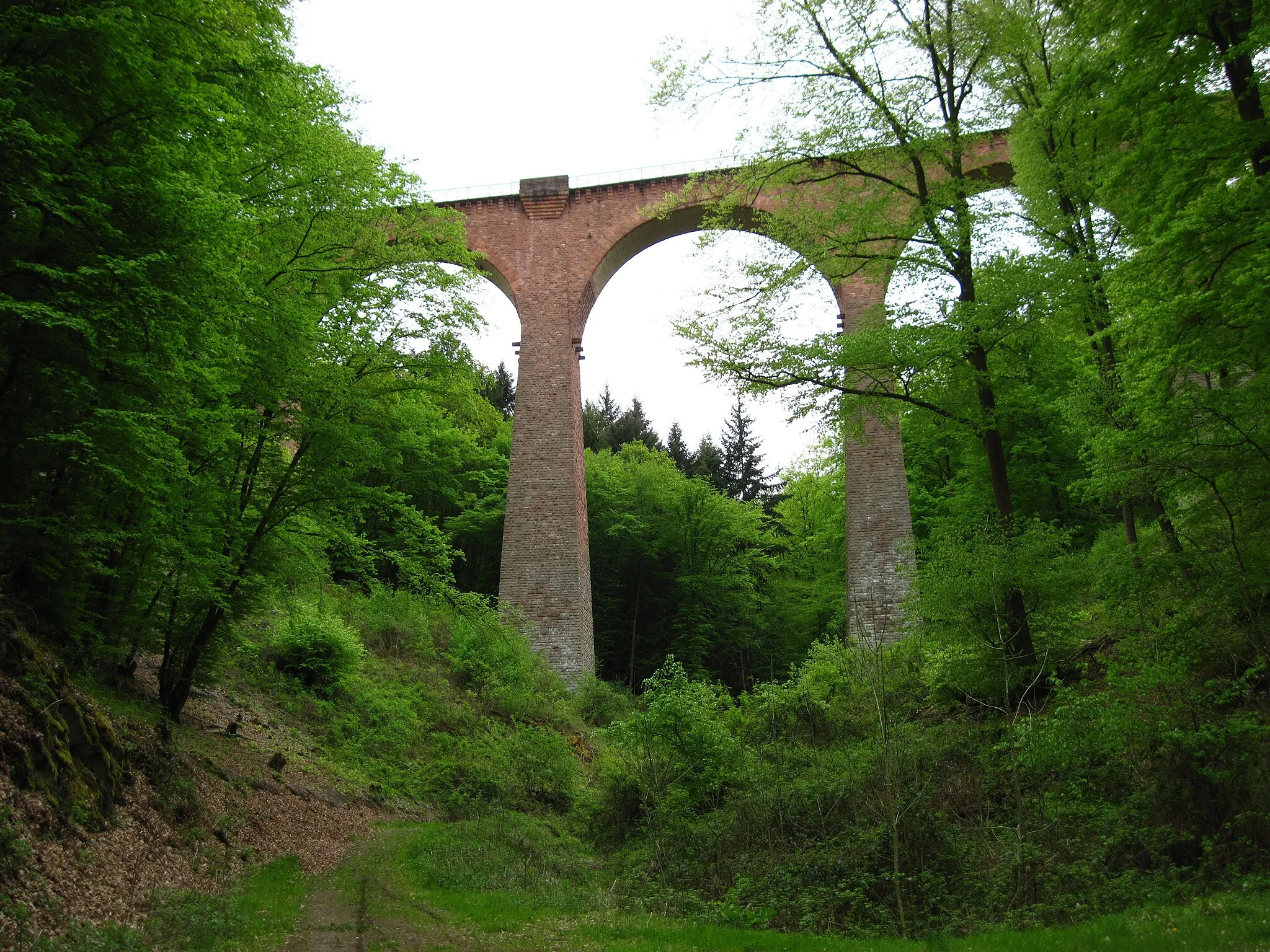 Photo showing: Hubertusviadukt der Hunsrückbahn, Blick in die Hubertusschlucht auf die Eisenbahnbrücke