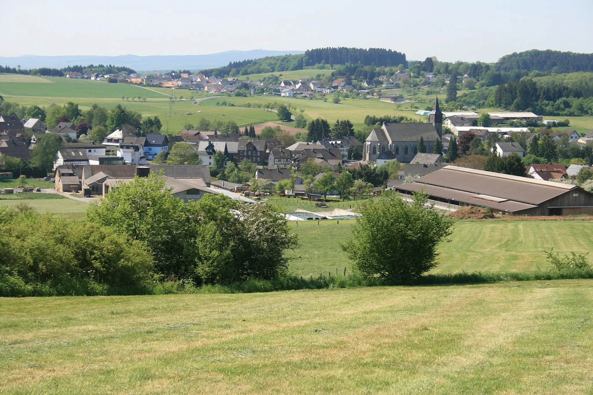 Photo showing: Weidenhahn village portrait. Place: Westerwald, Rhineland-Palatinate, Germany. In the background is Ewighausen and at the horizon Montabaurer Höhe