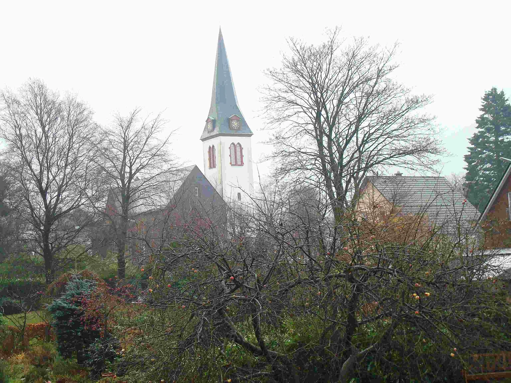 Photo showing: Im Vordergrung sind die Gärten mit Obstbäumen zu sehen und im Hintergrund die Hünger Kirche
