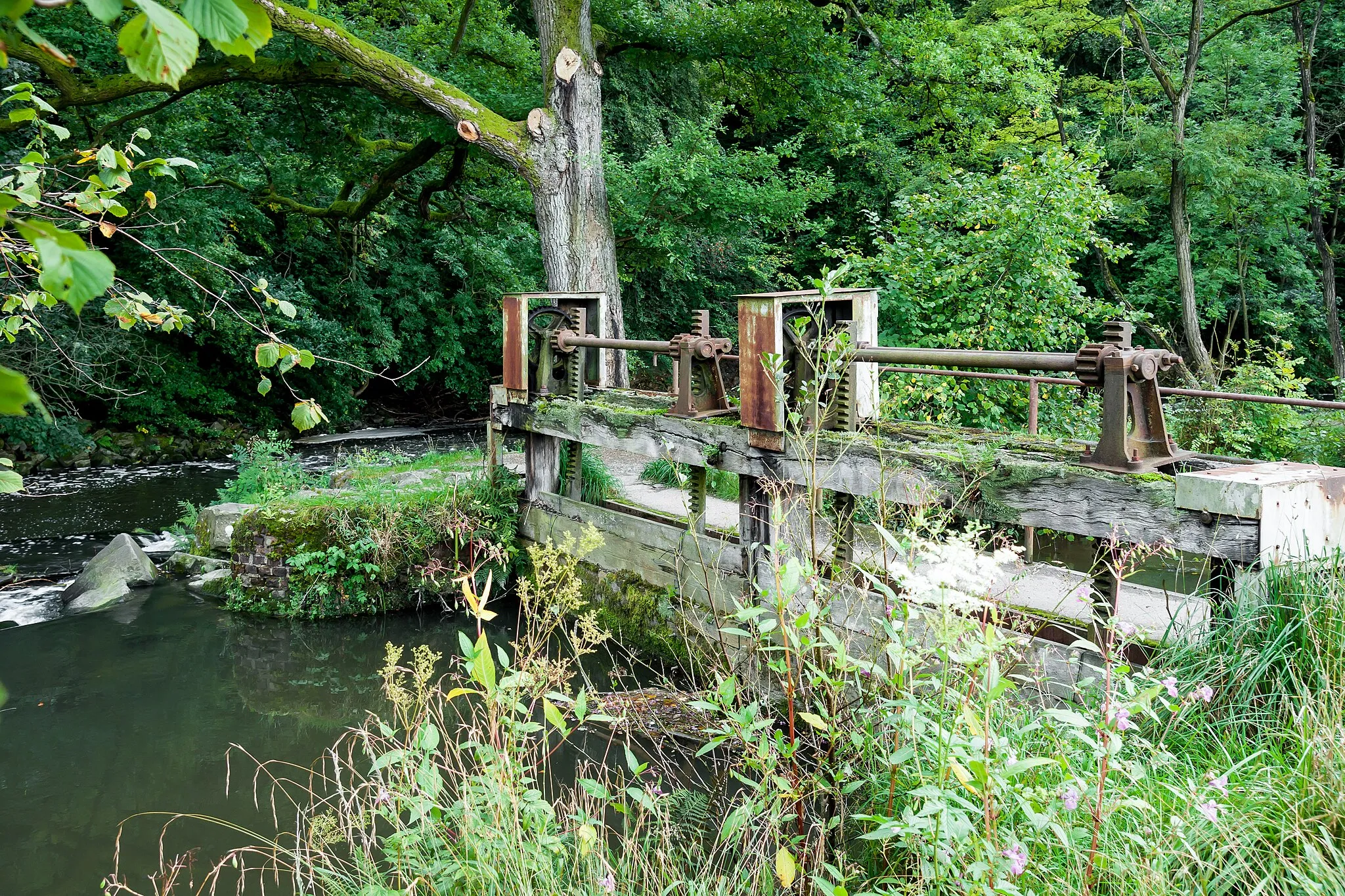 Photo showing: Rösrath, Denkmalnummer 85, Hauptstrasse 104, Turbinenanlage: Retaining weir at the supply ditch