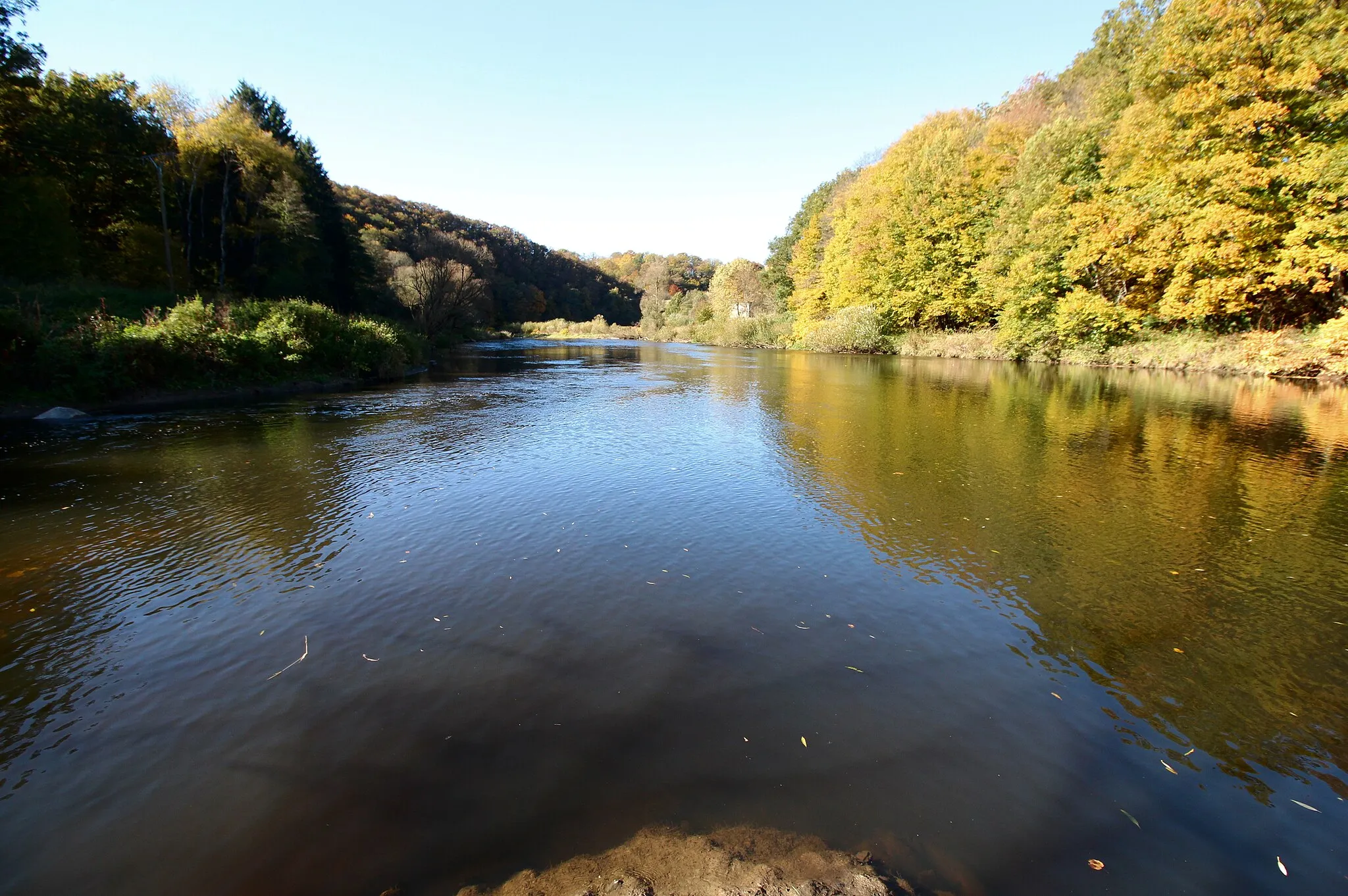 Photo showing: Die Mündung der Nister (links) in die Sieg bei Wissen, Landkreis Altenkirchen, Rheinland-Pfalz