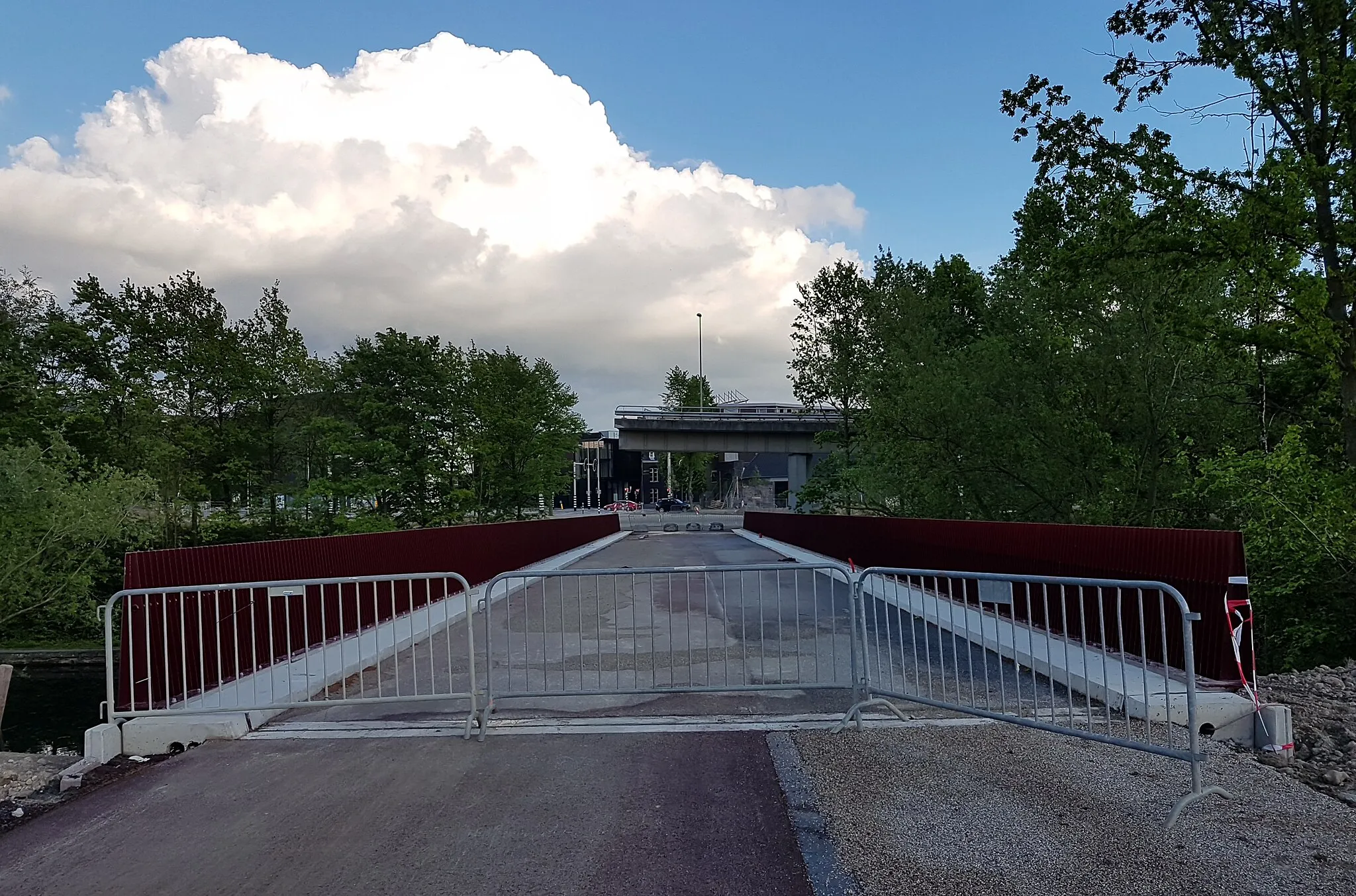 Photo showing: Zicht vanuit het westen op de Frontenpadbrug in het Frontenpark in Maastricht. De in 2019 gebouwde voetgangers- en fietsbrug over de Havenkom verbindt het Spoorpad met het stadscentrum (Boschstraat). Op de achtergrond het restant van een afrit van de Noorderbrug die als 'folly' bewaard is gebleven.