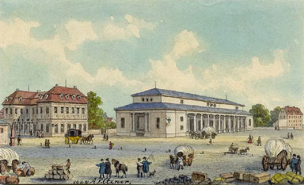 Photo showing: Königliches und städtisches Akziseamt (links) und Waagegebäude (rechts) 1846 am Beginn der Gerbergasse vor dem Hallischen Tor in Leipzig.
