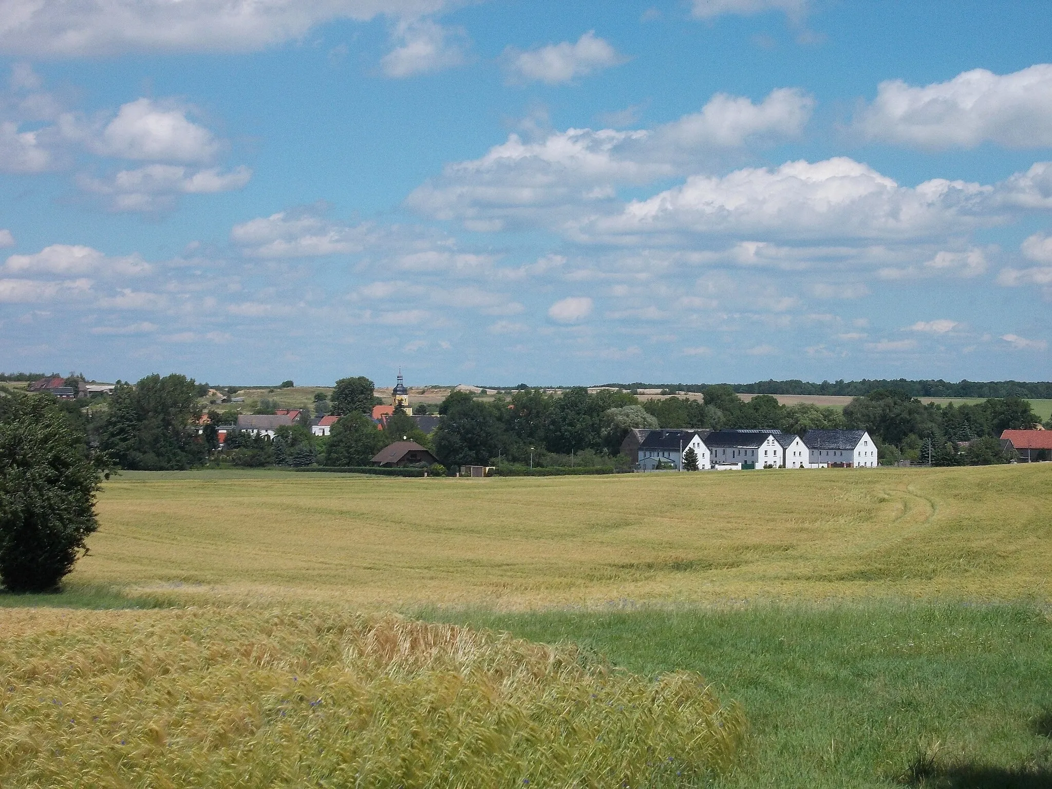 Photo showing: View of the village of Sachsendorf (Wurzen, Leipzig district, Saxony) from Watberg hill