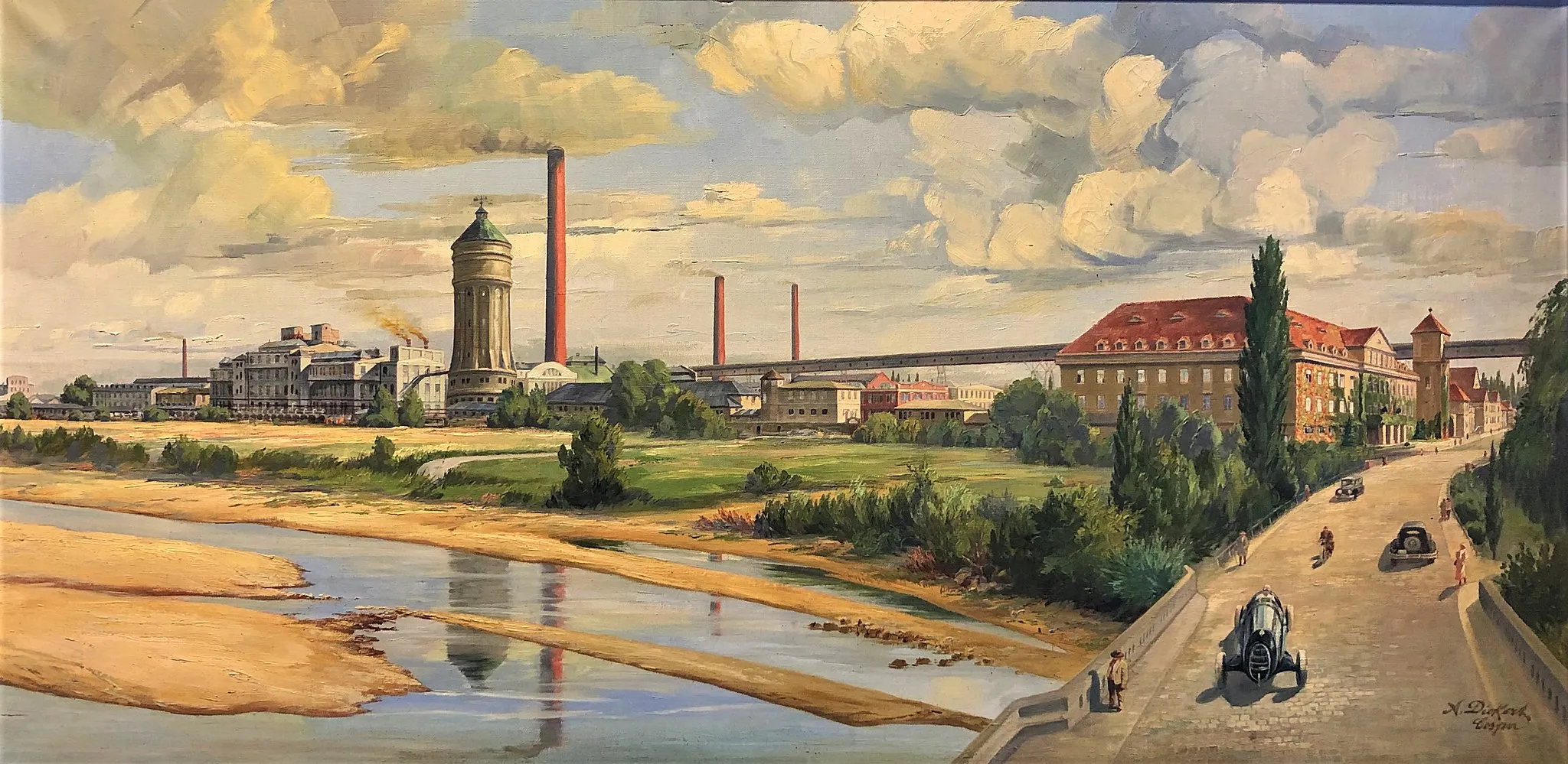 Photo showing: Ölgemälde der Deutschen Celluloid-Fabrik in Eilenburg um 1930, Ansicht von Südwest, Mulde im Bildvordergrund