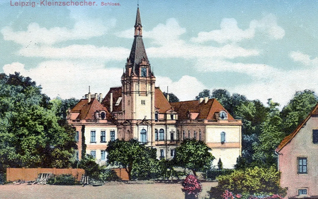 Photo showing: Postkarte, datiert 10.3.1917. Beschriftung: "Leipzig-Klein Zschocher - Schloss."