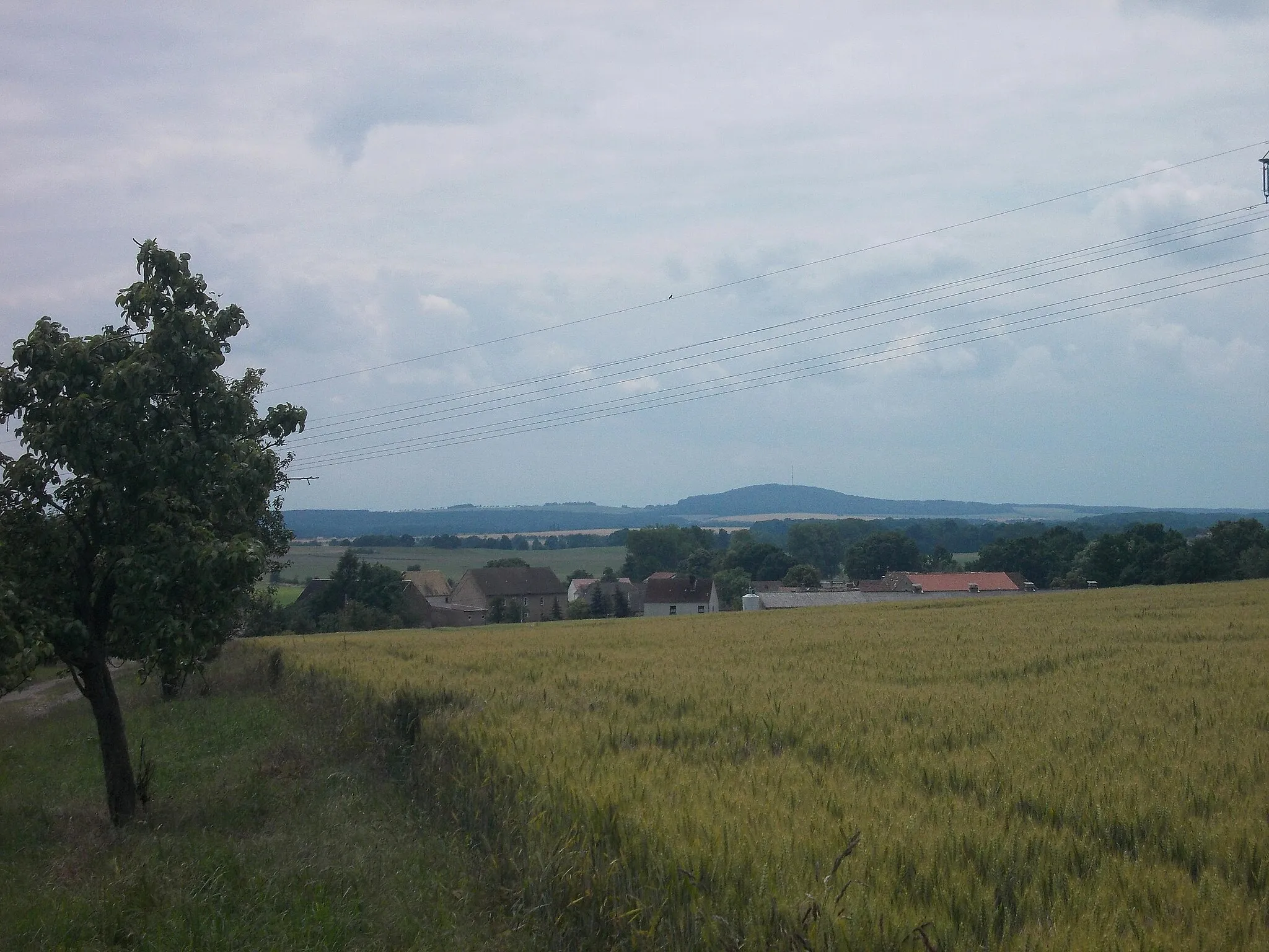 Photo showing: View of the village of Möhla (Cavertitz, Nordsachsen district, Saxony), with Collm hill in the background