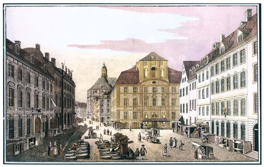Photo showing: The square Cöllnischer Fischmarkt (“Cölln fish market”) with the town hall constructed between 1710 and 1723 after plans of Martin Grünberg. In the background the Petrikirche in baroque style.