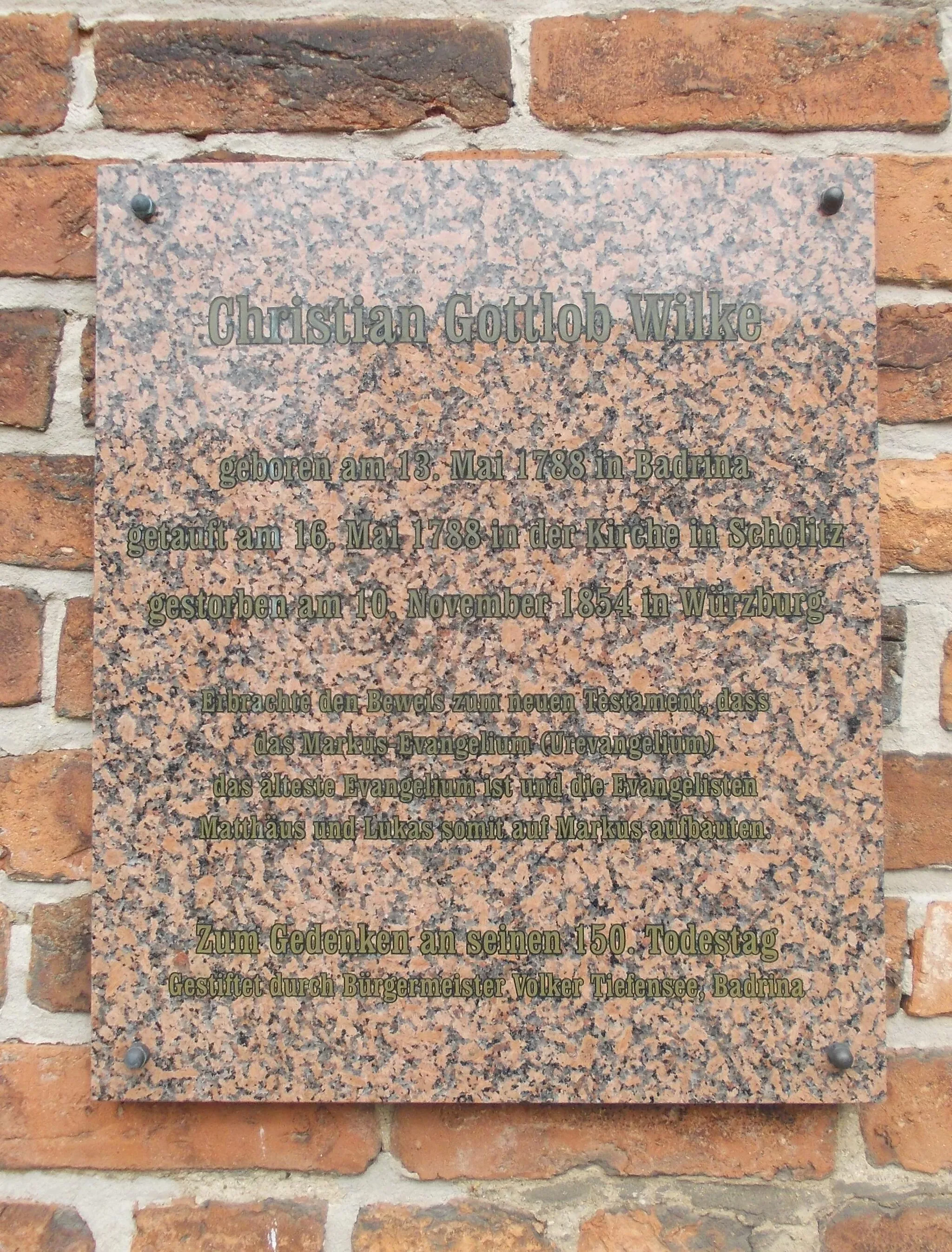 Photo showing: Scholitz church (Schönwölkau, Nordsachsen district, Saxony), memorial plaque to the theologian Christian Gottlob Wilke who was baptized here.