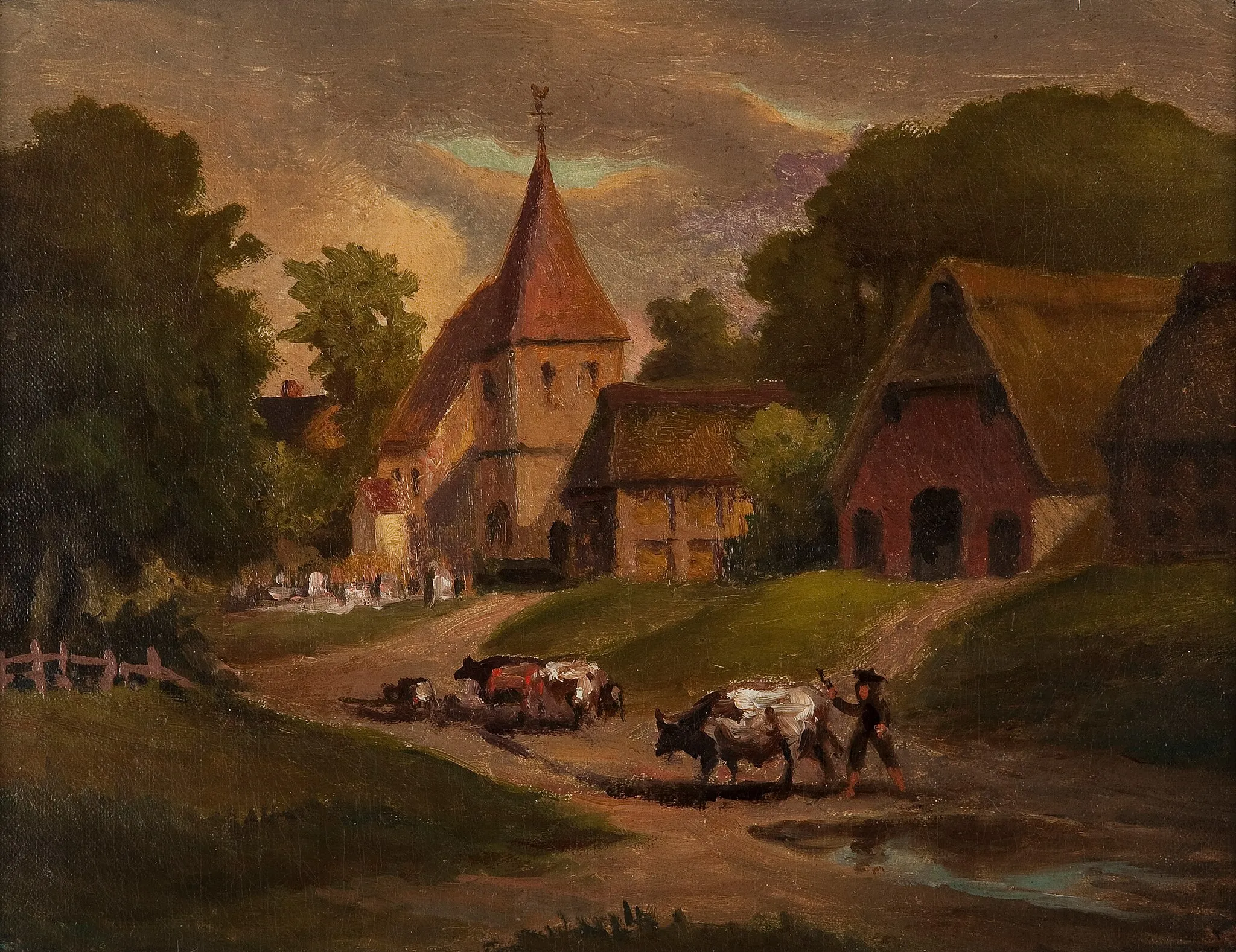 Photo showing: Borgfeld, Dorfstrasse. Gemälde von Johann Georg Walte, um 1850-1880, Focke-Museum Bremen

Wo heute die Borgfelder Landstraße leicht bergauf sich an der Nordseite der Kirche entlangschlängelt, war um 1860, als Johann Georg Walte diese Ansicht malte, noch eine schlammige Dorfstraße. Walte war ein Bremer Kaufmann, der als Autodidakt sich der Kunst zugewandt hatte, auf beachtlichem Niveau malte und zeichnete.