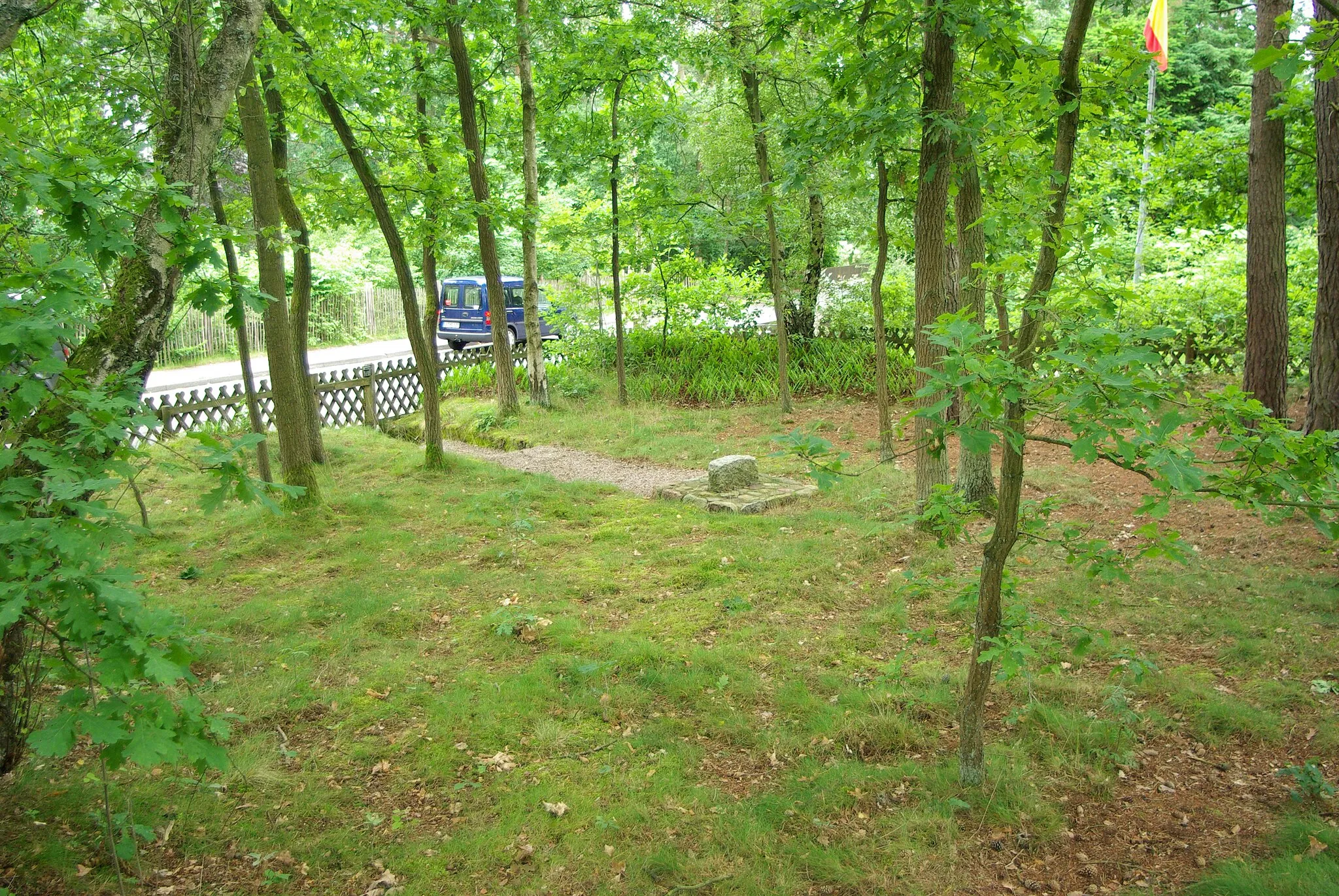 Photo showing: View from the Jewish Cemetery in Salzhausen, North of Lüneburger Heide. In the middle a memorial stone 'Old Jewish Cemetery 1834-1870'. The whereabouts of original gravestones is unclear, there is none on the areal.