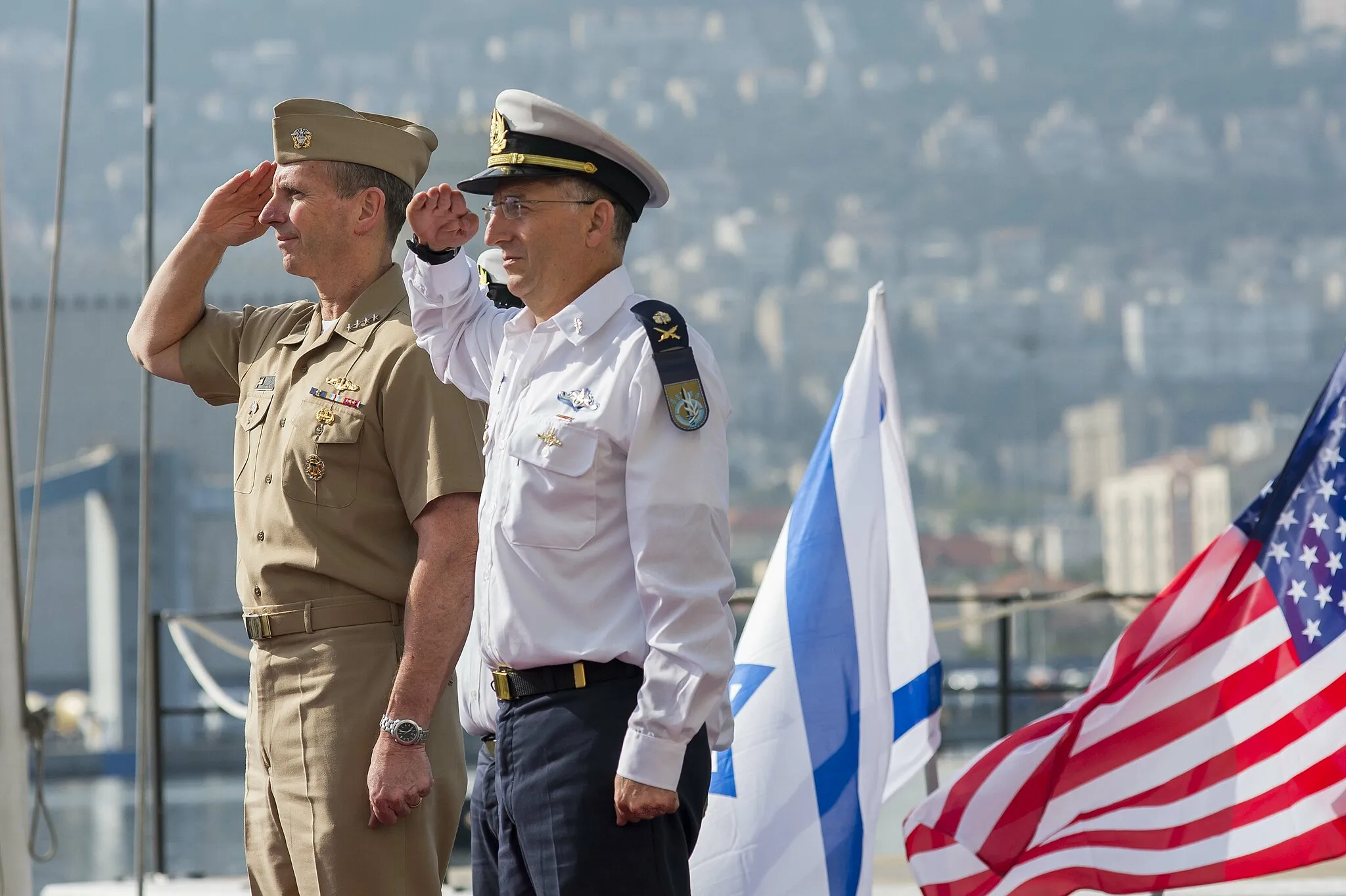 Photo showing: 131124-N-WL435-050

HAIFA, Israel (Nov. 24, 2013) Chief of Naval Operations (CNO) Adm. Jonathan Greenert salutes with the Commander in Chief of the Israel Navy Vice Adm. Ram Rutberg during a full honors ceremony to welcome him upon his arrival at Haifa Naval Base. During the visit, Greenert observed several capabilities demonstrations conducted by the IN and conducted engagement meetings with Israel Defense Force leadership. (U.S. Navy photo by Chief Mass Communication Specialist Peter D. Lawlor/Released)