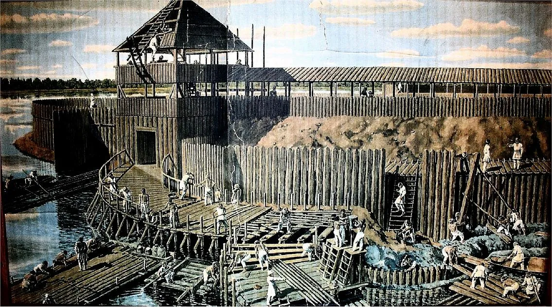 Photo showing: Slawen beim Bau einer Inselburg aus dem 10. Jahrhundert