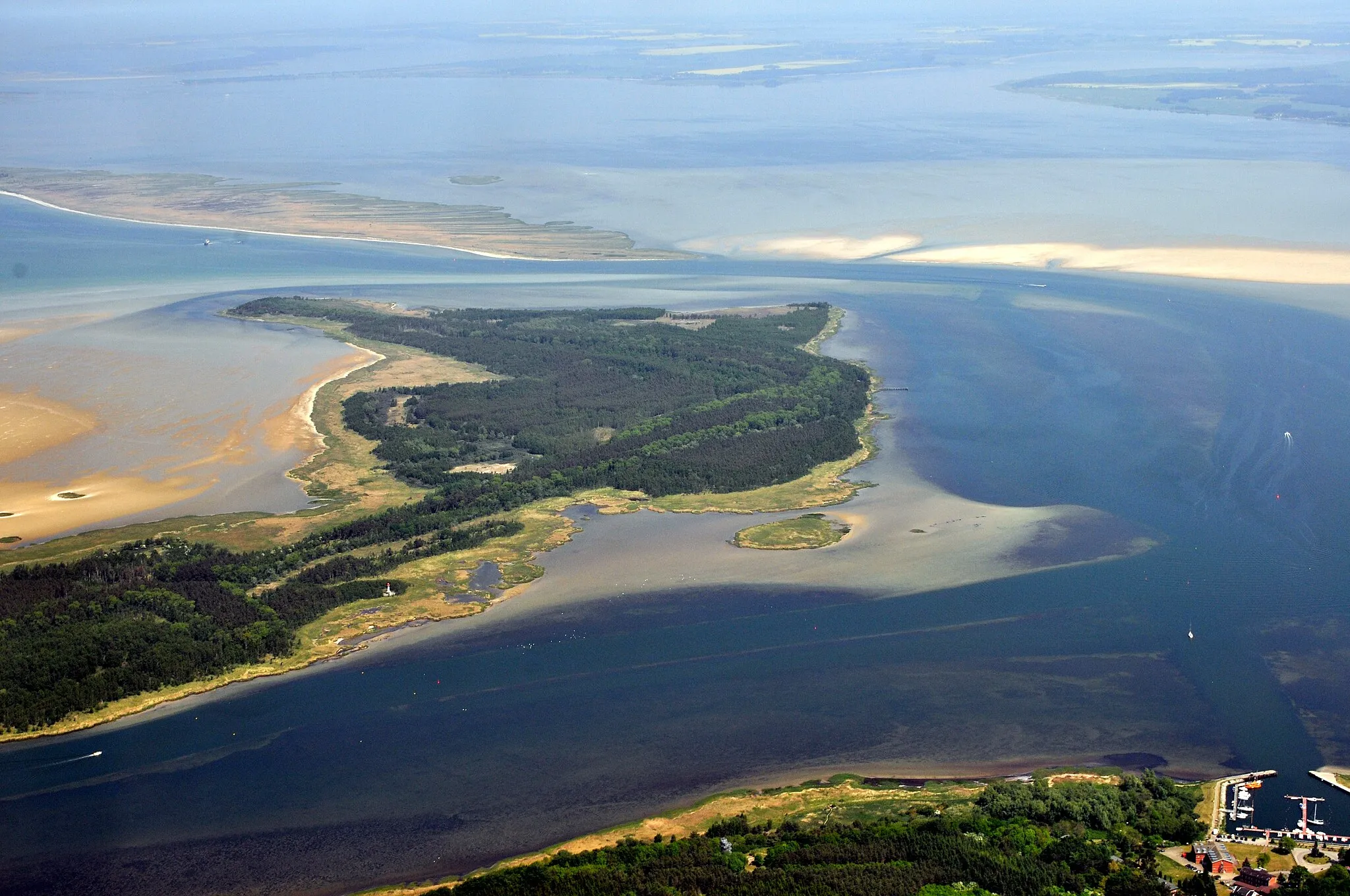 Photo showing: Aerial view of the lagoons around Barhöft near Stralsund, Germany. It is part of the Western Pomerania Lagoon Area National Park.