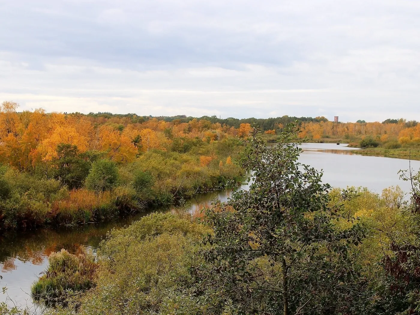 Photo showing: Blick vom Aussichtsturm „Moorochse“ in nordwestliche Richtung über die ehemaligen Torfstiche im Naturschutzgebiet „Nordufer Plauer See“, im Hintergrund der (südliche) Wasserturm von Karow.