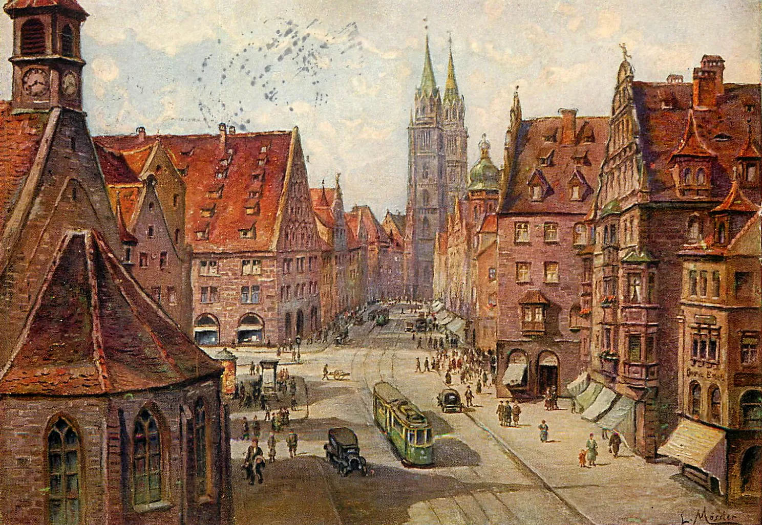 Photo showing: Nürnberg, Königsstraße (St. Klara, Mauthalle und Blick nach St. Lorenz), Gemälde, veröffentlicht als Ansichtskarte