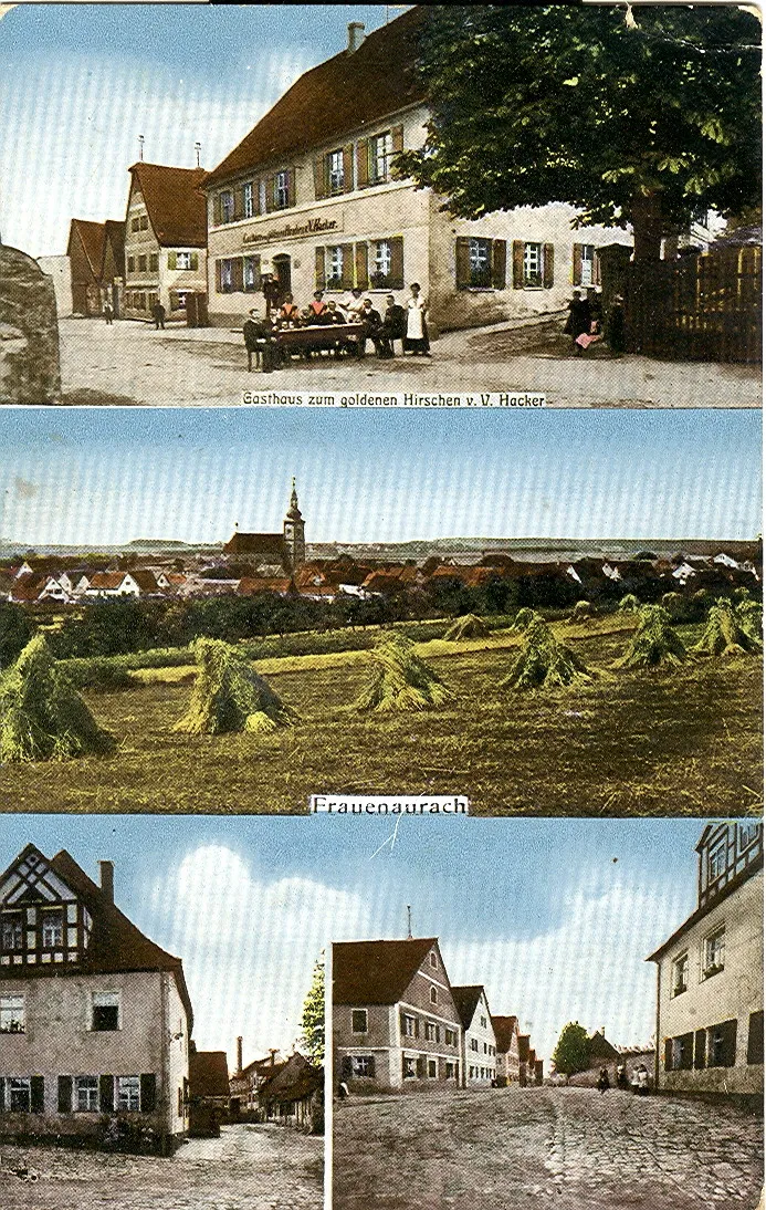Photo showing: Postcard, dated 21.9.1915. Title: "Frauenaurach - Golden deer-inn, owner V.Hacker."
