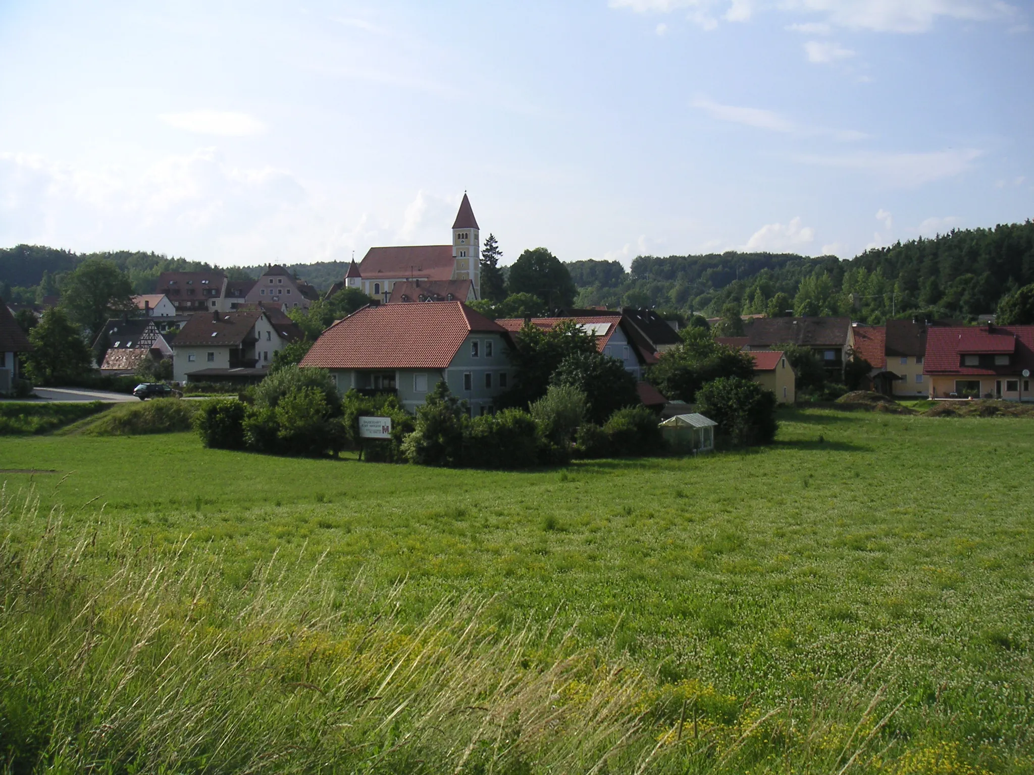 Photo showing: Blick auf den Ortskern und Kirche von Illschwang. Standort ist die Straße nach Pürschläg, etwas außerhalb von Illschwang