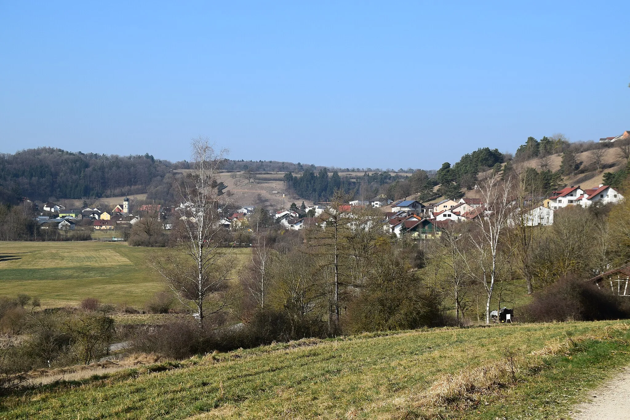 Photo showing: Siedlung, Marktflecken, Häuser, Tal, Feld, Hügel, Wald