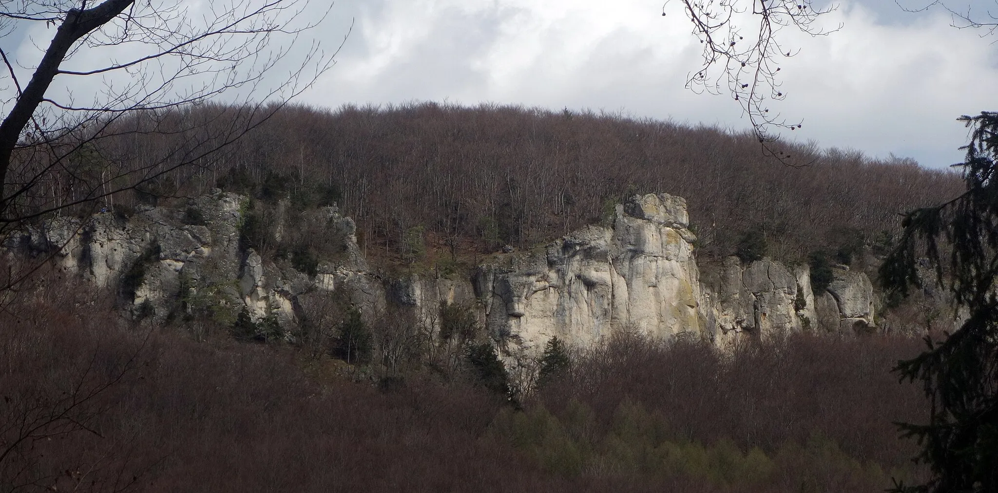 Photo showing: A panorama of the center part of the Röthelfels, a cliff in Franconian Switzerland, near the town of Ebermannstadt in northern Bavaria.