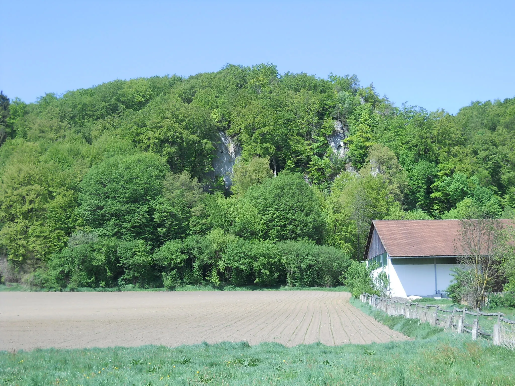 Photo showing: Wielandshöfe, Ortsteil von Wellheim im Landkreis Eichstätt, Felsen der ehemaligen Burg Wielandstein