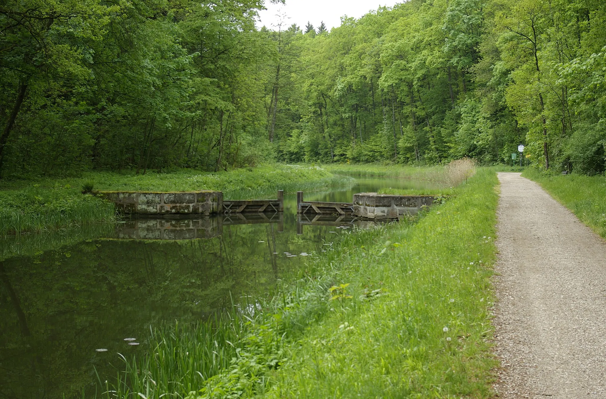 Photo showing: Westliches Sicherheitstor des Distellochdamms des Ludwig-Donau-Main-Kanals. Der Damm gehört zu den aufwendigsten Bauwerken der 1836 bis 1846 errichteten und 1950 stillgelegten Wasserstraße. Blick nach Westen.
