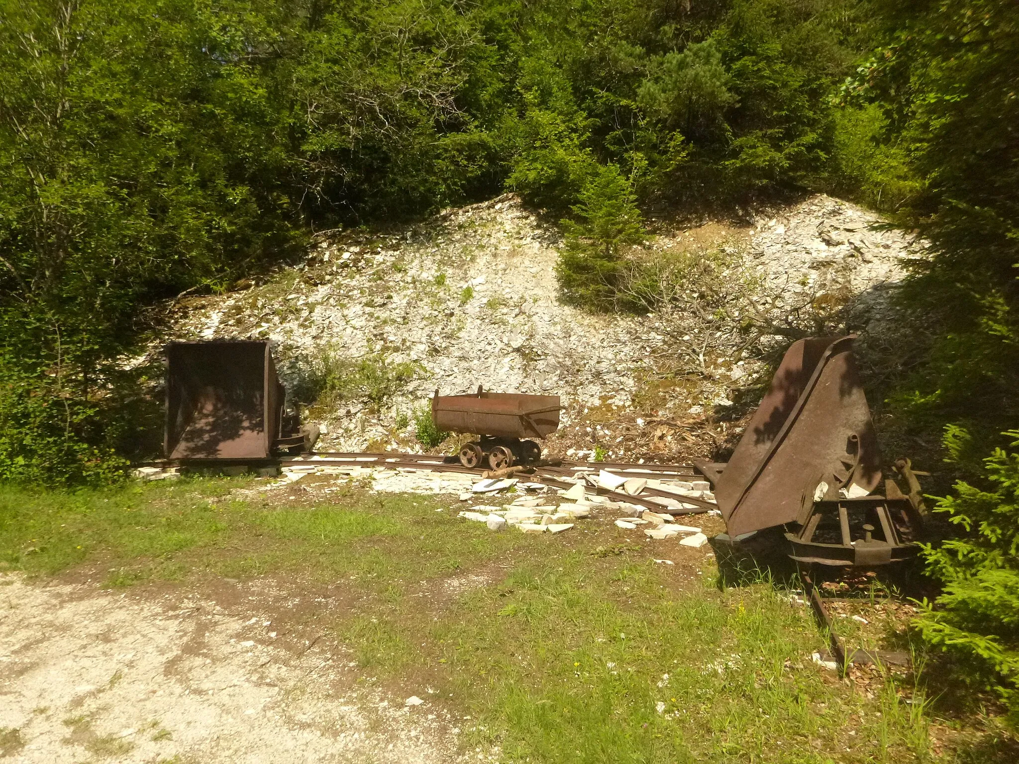 Photo showing: Mining carts abandoned next to a forest track north of Apfelthal, Mörnsheim, Bavaria. The carts were most likely used in the limestone quarries nearby.