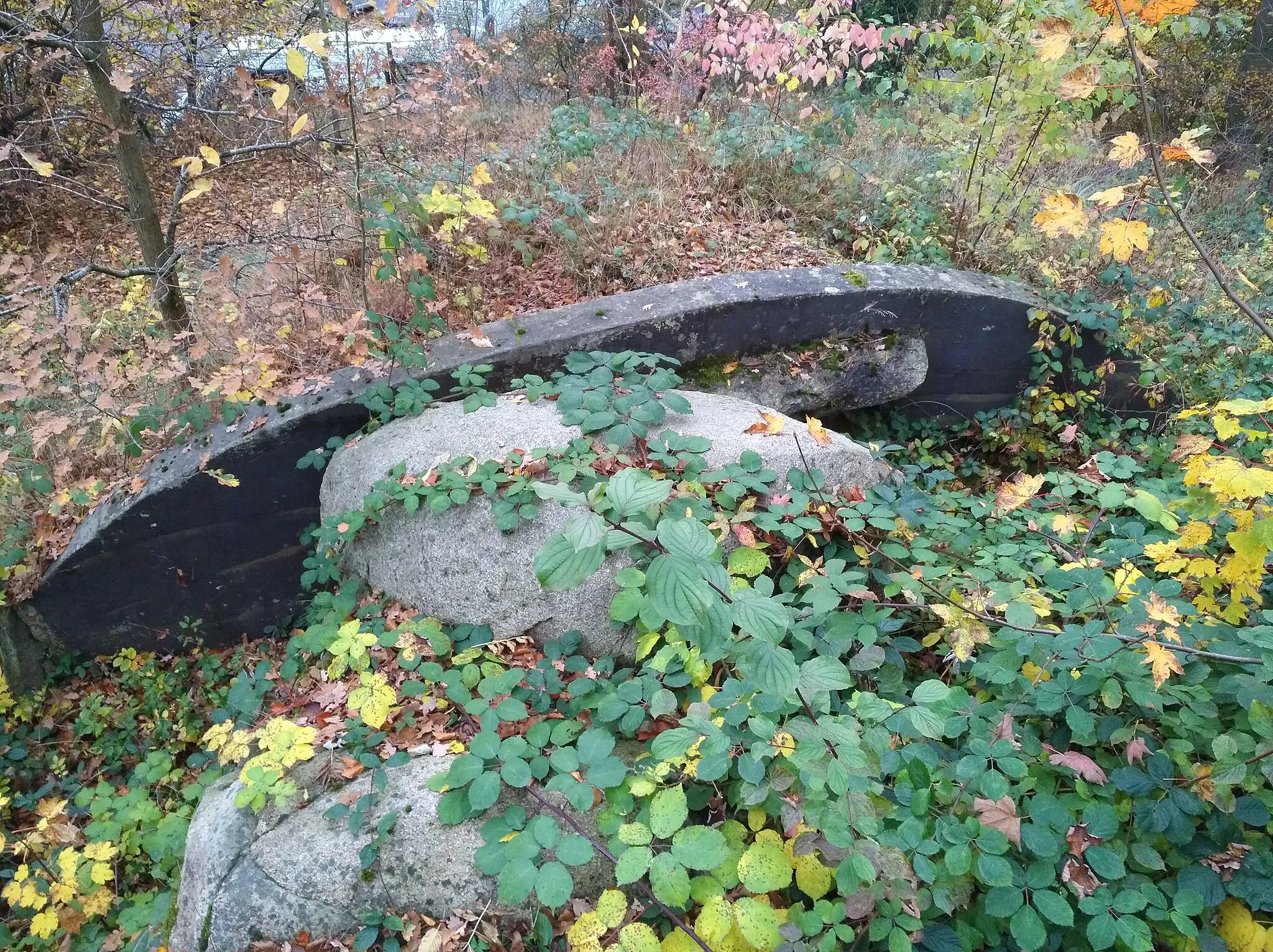 Photo showing: Reconstruction of a dolmen in the Osnabrück Zoo. Some of the megaliths used come from the megalithic tomb Nahne 2. Children were able to play on it, until the access was blocked a few years ago.