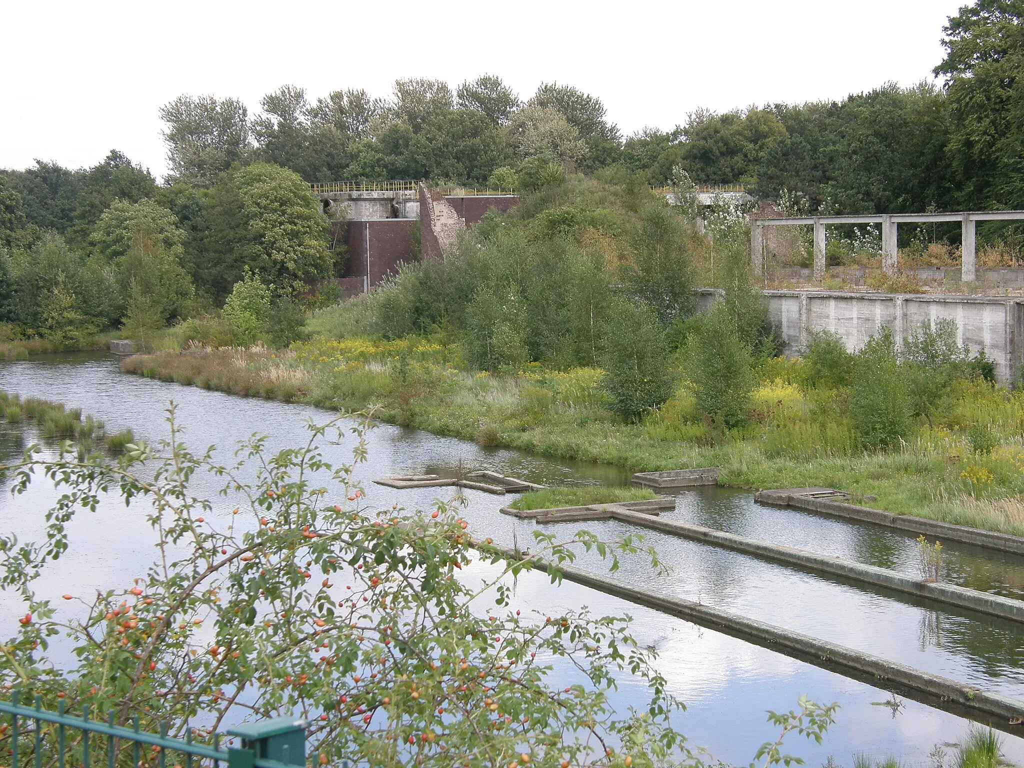 Photo showing: Ehemaliges Wasserwerk des Chemieparks Marl in Sickingmühle, umgestaltet von Herman Prigann zu einem Landschaftsbauwerk. Im Vordergrund Wasserbecken, hinten bewusst stehen gelassene Gebäudereste.