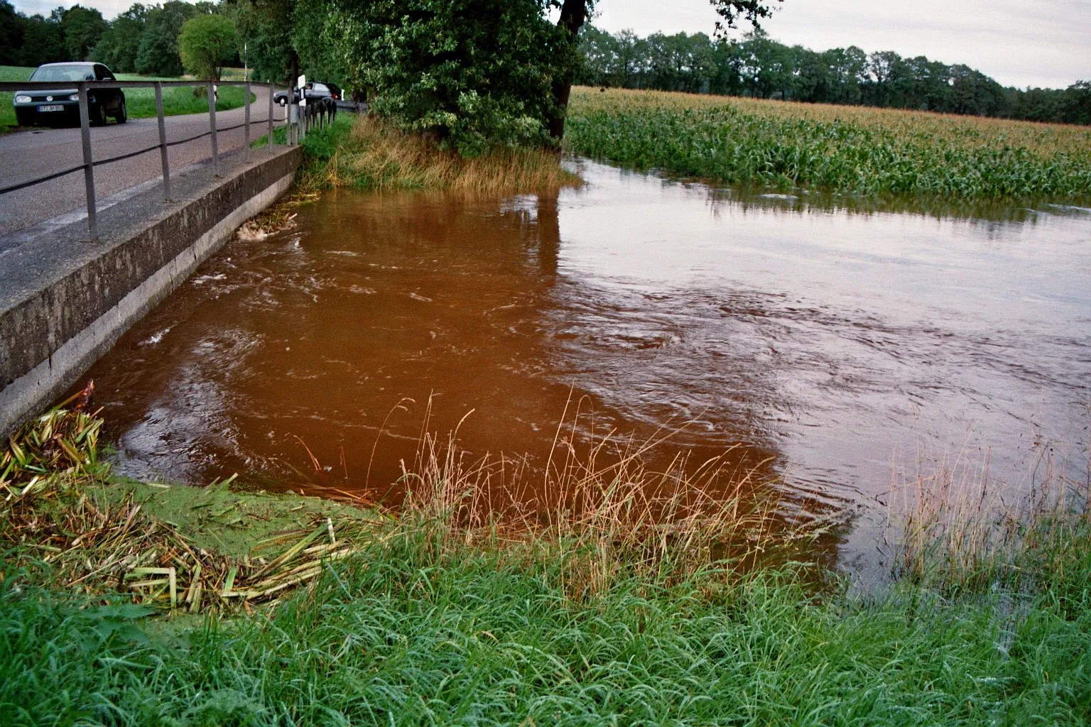 Photo showing: August 2010 floods in the Tecklenburger Land: The River Aa in Recke-Espel, Kreis Steinfurt, North Rhine-Westphalia, Germany.