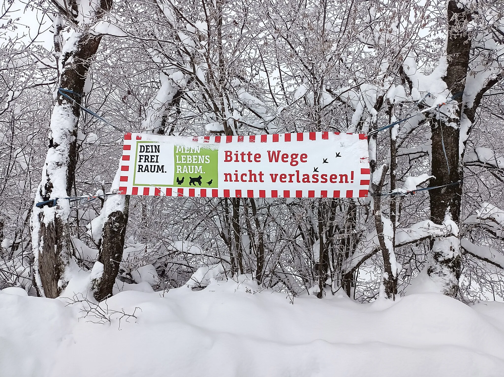 Photo showing: Banner bei Rohrmünz am Wanderparkplatz.
Aufschrift:
DEIN FREI RAUM.
MEIN LEBENS RAUM.

Bitte Wege nicht verlassen!