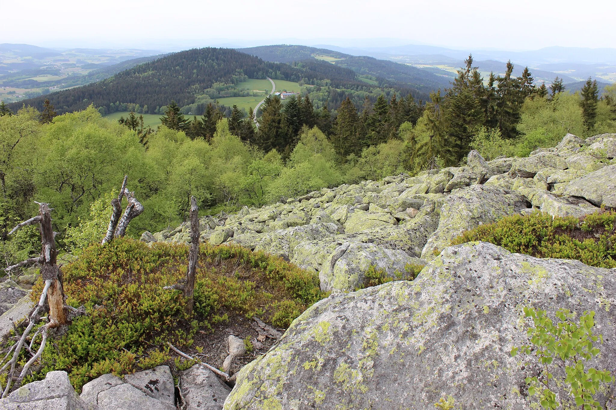 Photo showing: Das Blockmeer auf dem Gipfel der Käsplatte zeigt sich nach drei Seiten hin. Hier mit Blick auf den 894 m bewaldeten Bernhardsnagel.
Die Käsplatte liegt im Gemeindebereich von Sankt Englmar und gehört zu den Geotopen im Landkreis Straubing-Bogen mit der Nummer 278R010