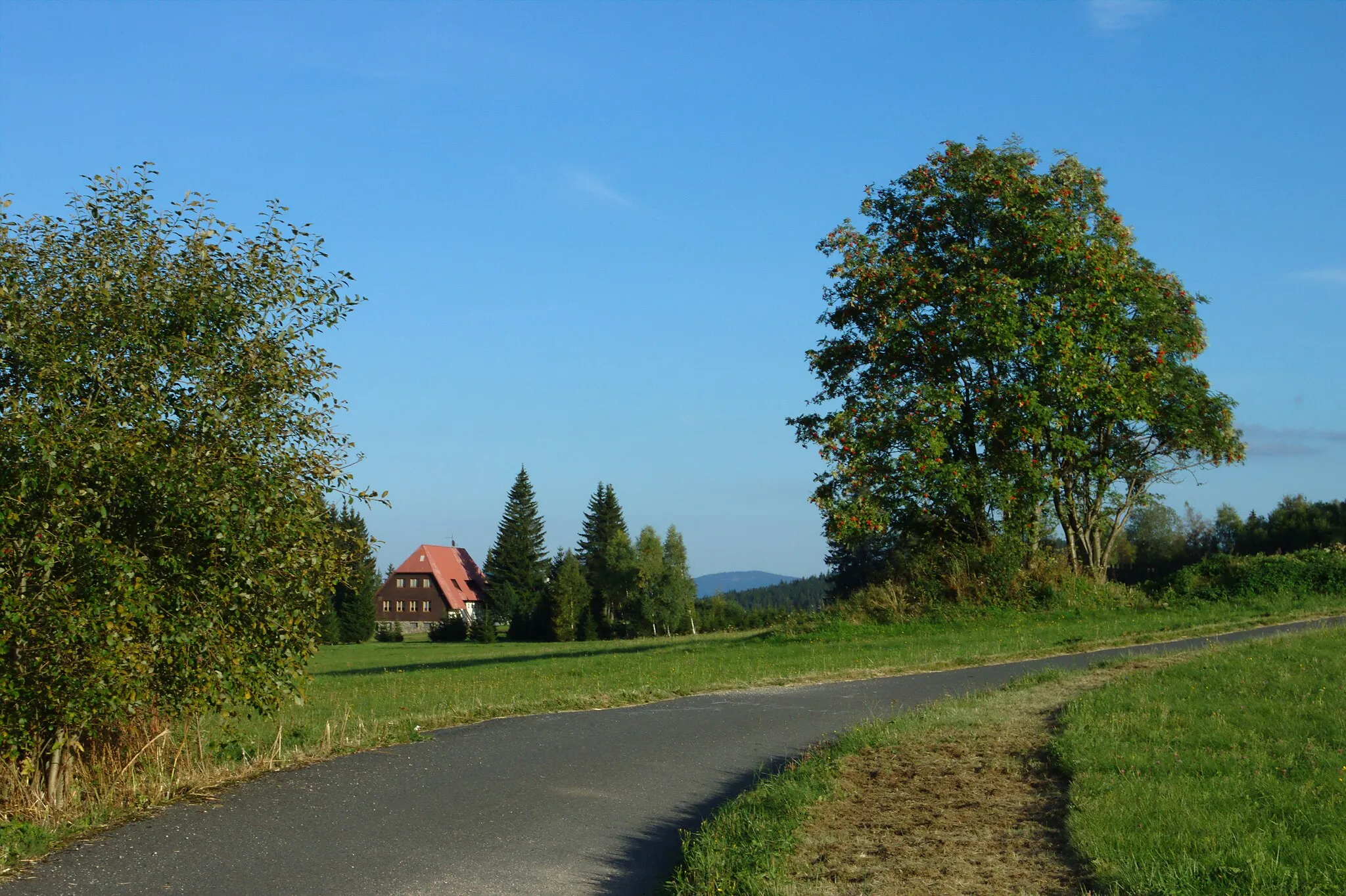 Photo showing: A road from local forest to the village in Churáňov, South Bohemian Region, CZ