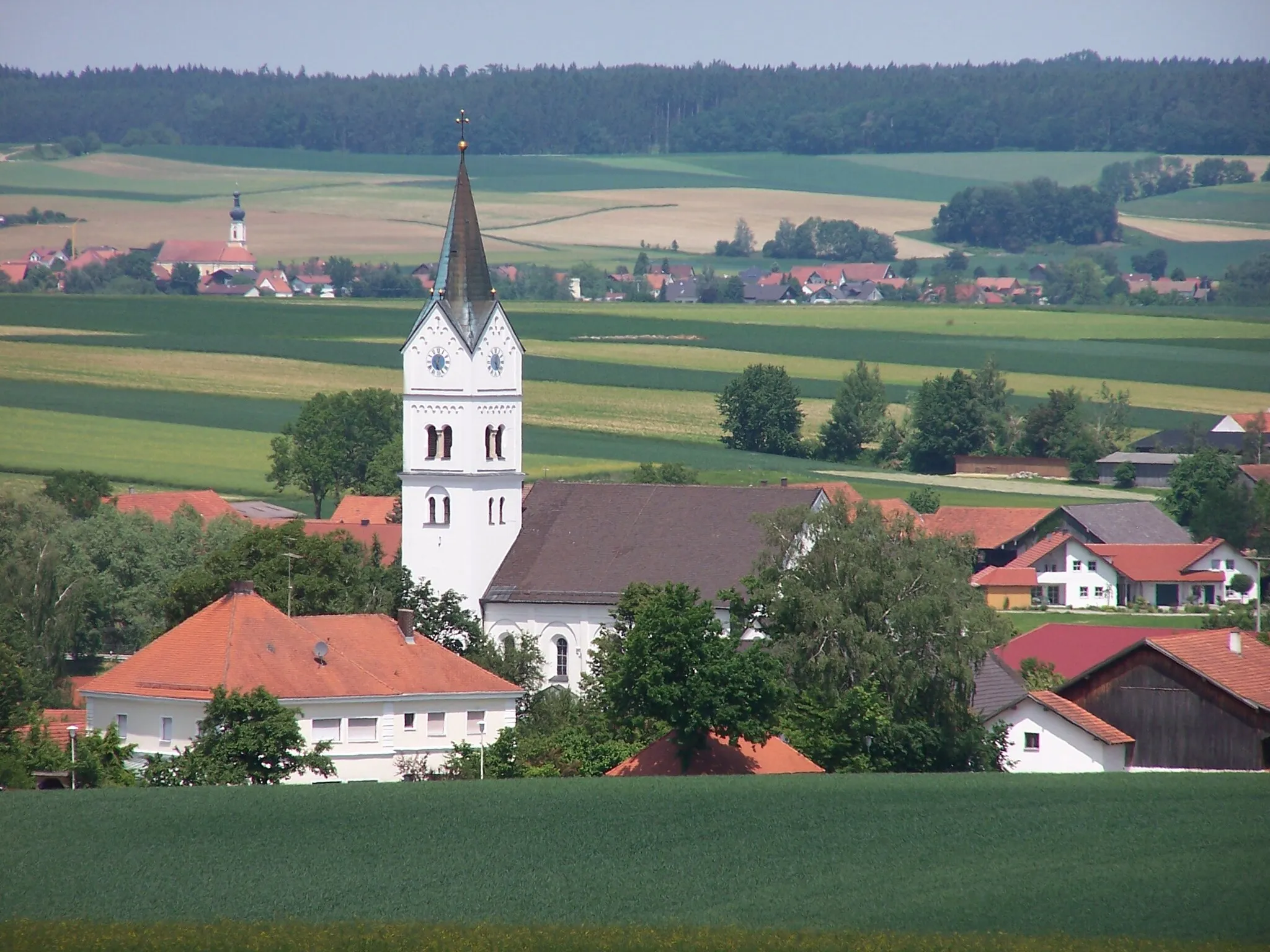 Photo showing: Laberweinting, Hofkirchen 77, Pfarrkirche St. Peter. Ansicht von südosten in der Nähe der Bergmaiergrotte. Im Hintergrund Grafentraubach mit Kirche St. Pankratius.