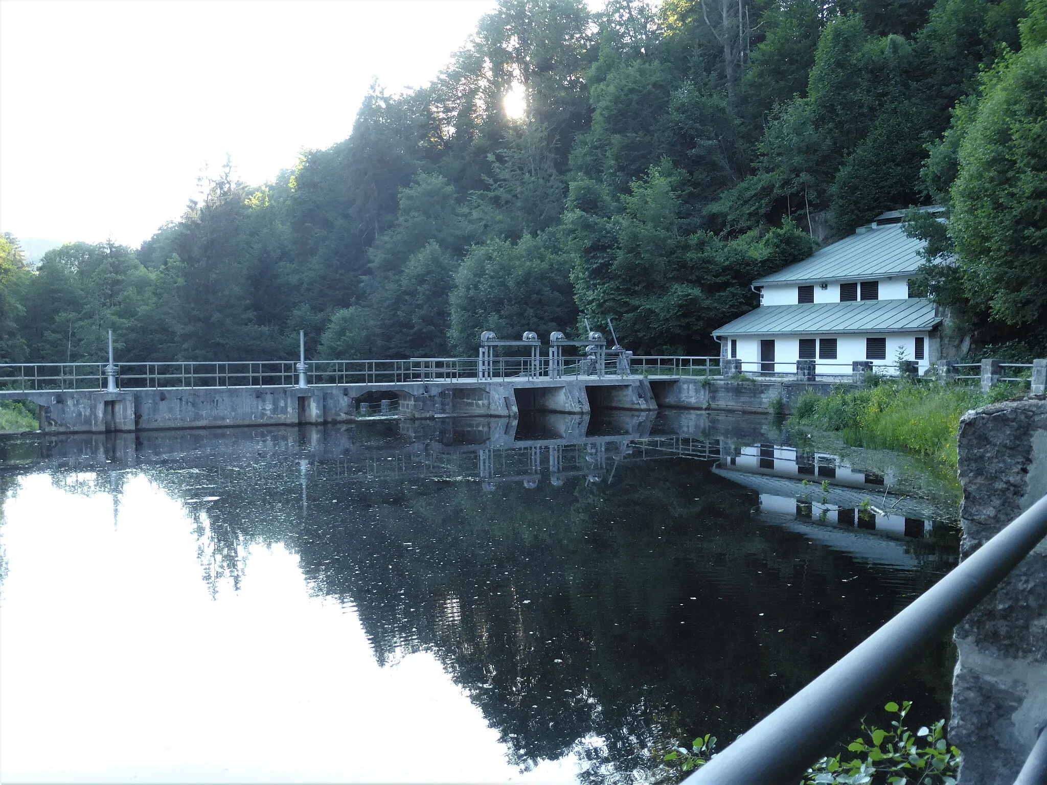 Photo showing: Blick auf den aufgestauten Sausbach-See mit Rechenhaus in Freyung, Am Stausee 20. Der Stausee ist mit Bruchsteinpfeilern und Rohrgittern umgeben.
